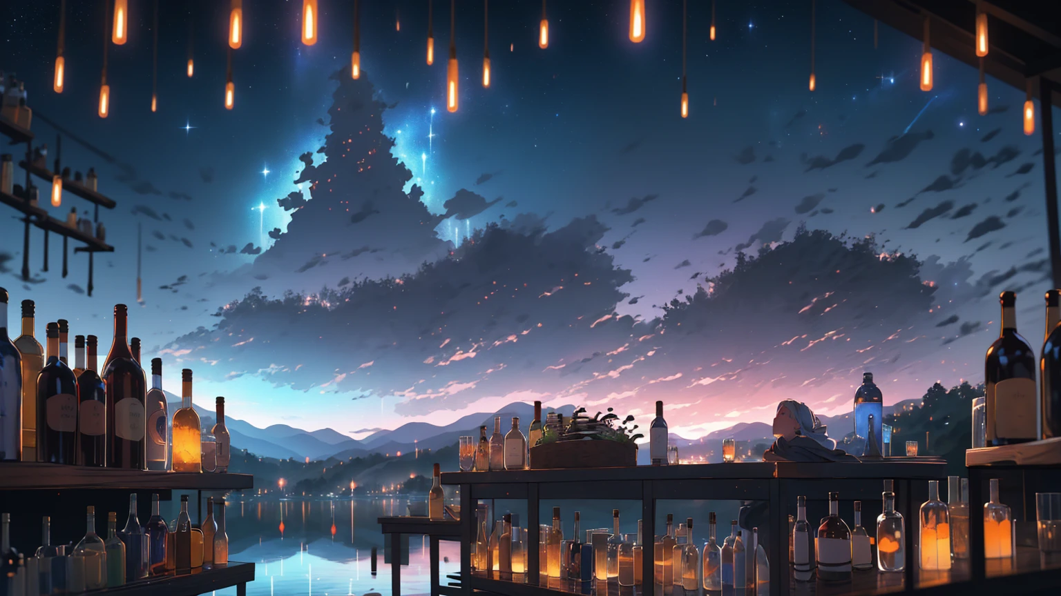 masterpiece, best quality, bottles, fantasy, bar, cityscape, wide shot, city lights, night sky, star \(sky\), starry sky, (bar in the sky:1.2), blurry, (misty lake:1.3),