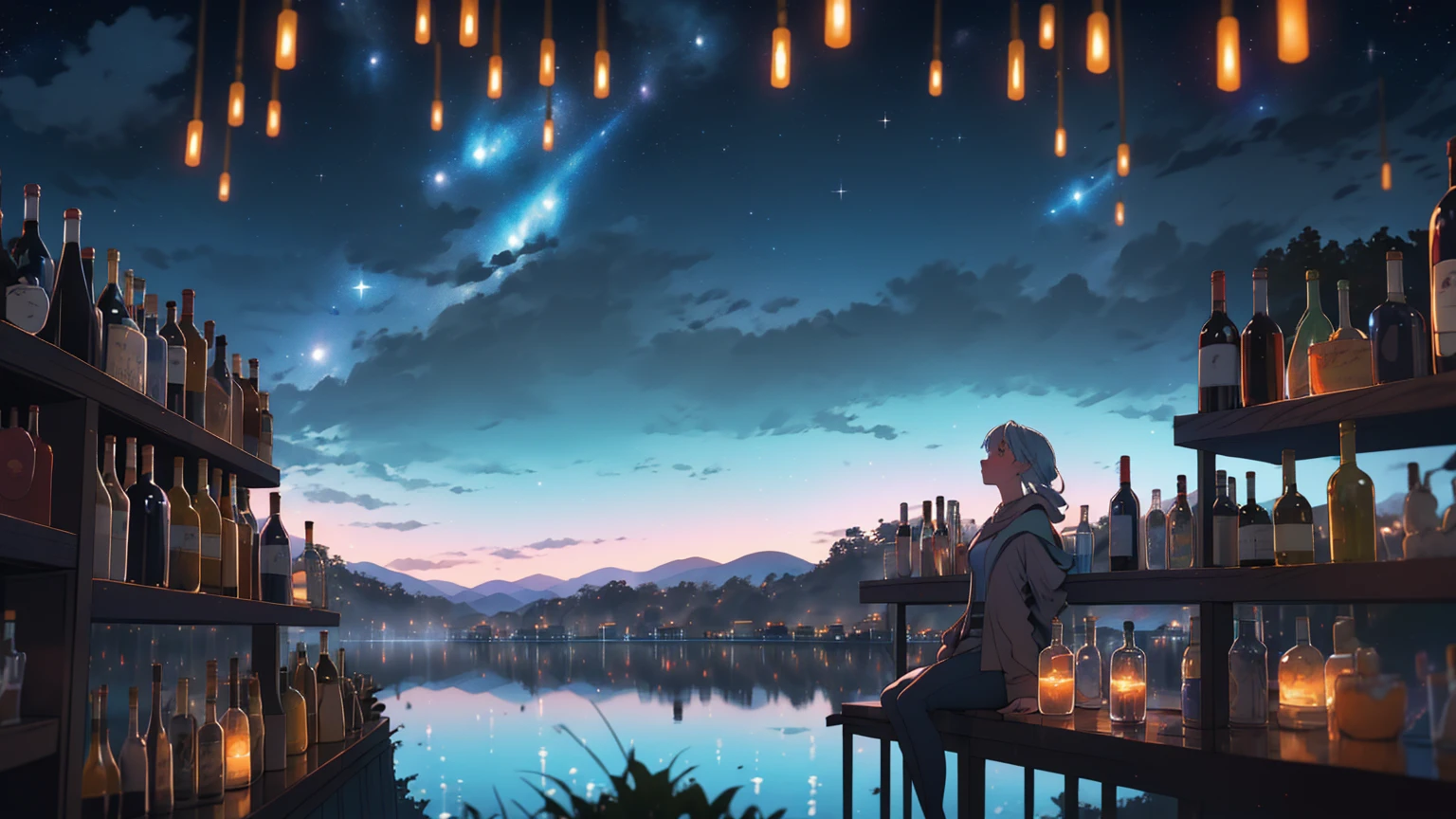 masterpiece, best quality, bottles, fantasy, bar, cityscape, wide shot, city lights, night sky, star \(sky\), starry sky, (bar in the sky:1.2), blurry, (misty lake:1.3),