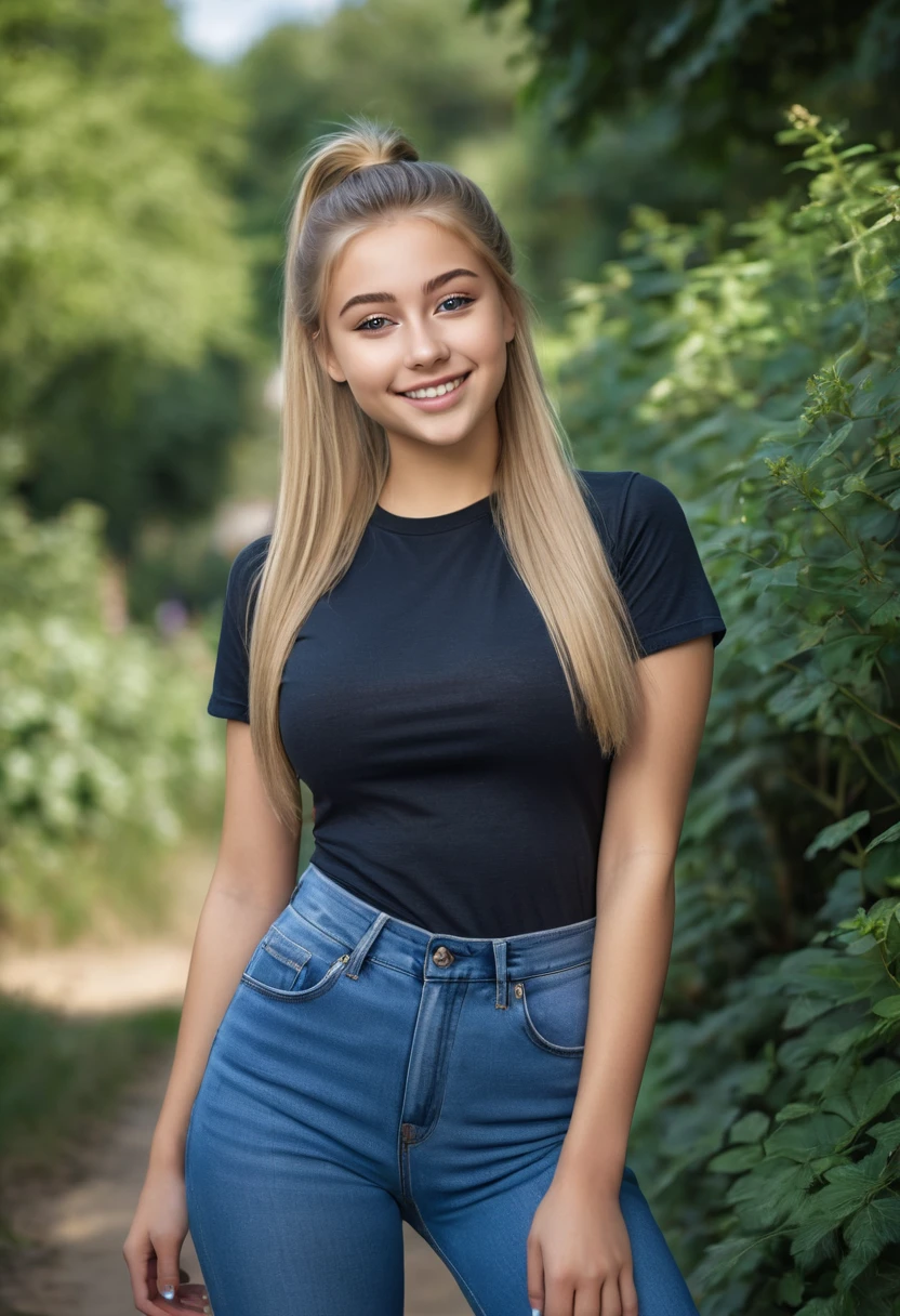 ultrarealistic high quality full body photo of a beautiful busty slim european 18-year-old woman with cute hyperdetailed shy face and natural blonde straight long ponytail and shy smile , realistic round hazel eyes, natural lips, dark eye makeup with eyeliner, wearing blue t-shirt and black denim pants, hourglass body, outdoor photography, tanned, nsfw