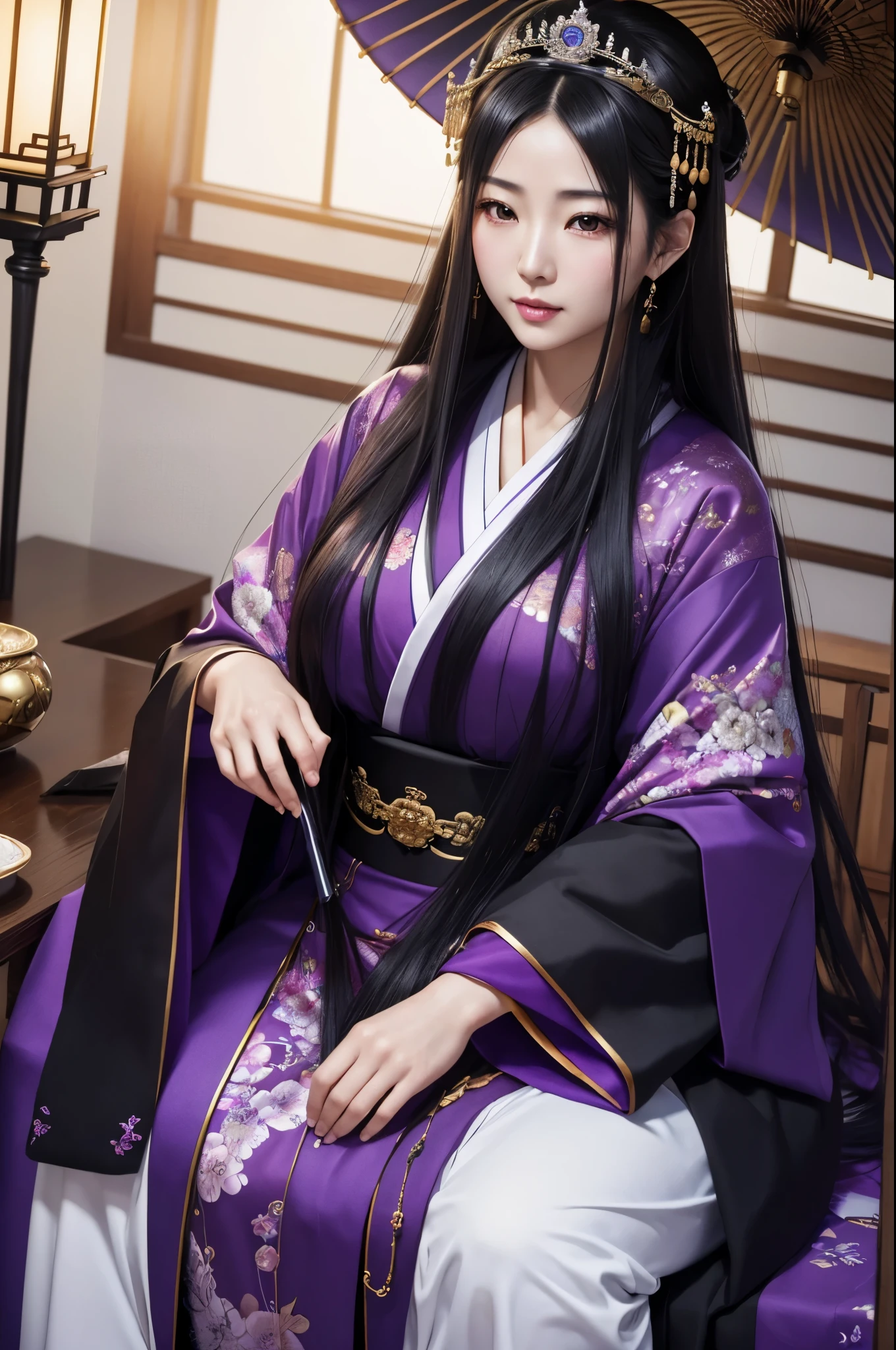 (8K,Photorealistic　to be born写真　Highest quality;1.4) Mature Japanese Goddess,so beautiful(A vivid face) ,(Long black hair),清楚なQueen,Gorgeous black and purple Japanese goddess&#39;Traditional costume of the month,Engage your audience,Beautiful expression,Moist black eyes,Queenのメイクアップ,(Queen),charm,Small breasts,Golden decoration,筋肉質の細い身体のマッチョなQueen,Gorgeous hair ornament,Holding a folding fan,kimono,Black and purple 月のkimono,非常にSmall breasts,Red eyeshadow,Ultra-high resolution,Surreal,Attention to detail,Rich colors, Backlight, Cinema Lighting, Film Grain, to be born, 50mm lens, Nikon D850,smile,Ultra-realistic,Highest qualityのフォトリアリスティックなRAW写真。Bright colors,Image of a perfect woman,Fantasy art,Character Art,background,A room in a large mansion,Extremely stiff abs,Muscular Beauty,Flower Hair Ornaments,Hairpin,