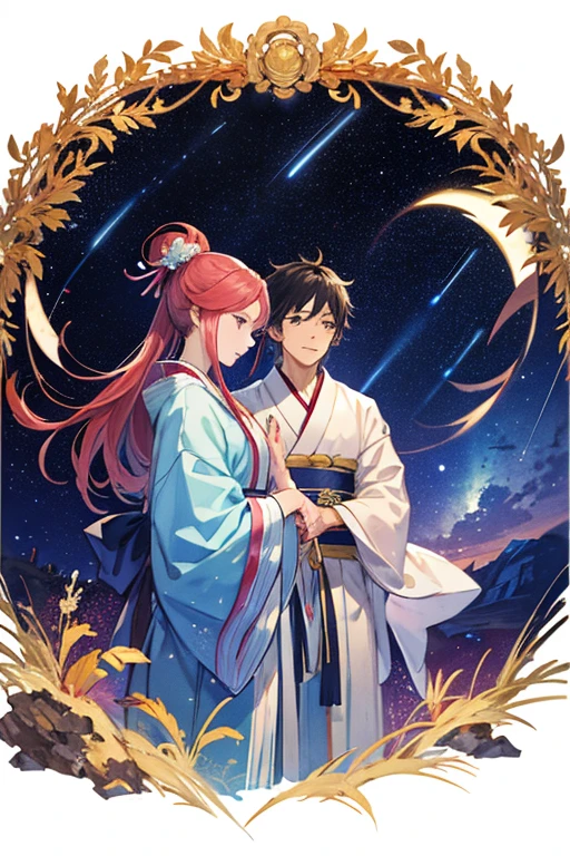 Highest quality、masterpiece、High sensitivity、High resolution、Detailed Description、Tanabata、A man and a woman meet、Orihime and Hikoboshi、milky way、