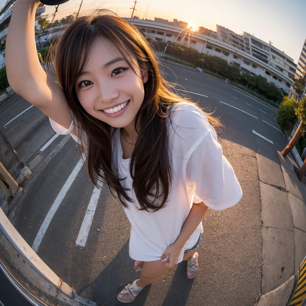 One girl, ((Fisheye, Self snap)), Wind, Dirty hair, sunset, Streetscape, (Aesthetics and atmosphere:1.2),smileの美しい女性、、Ultra HD、Japanese、One woman around 20 years old、Brown Hair、smile、((Smiling with white teeth))、