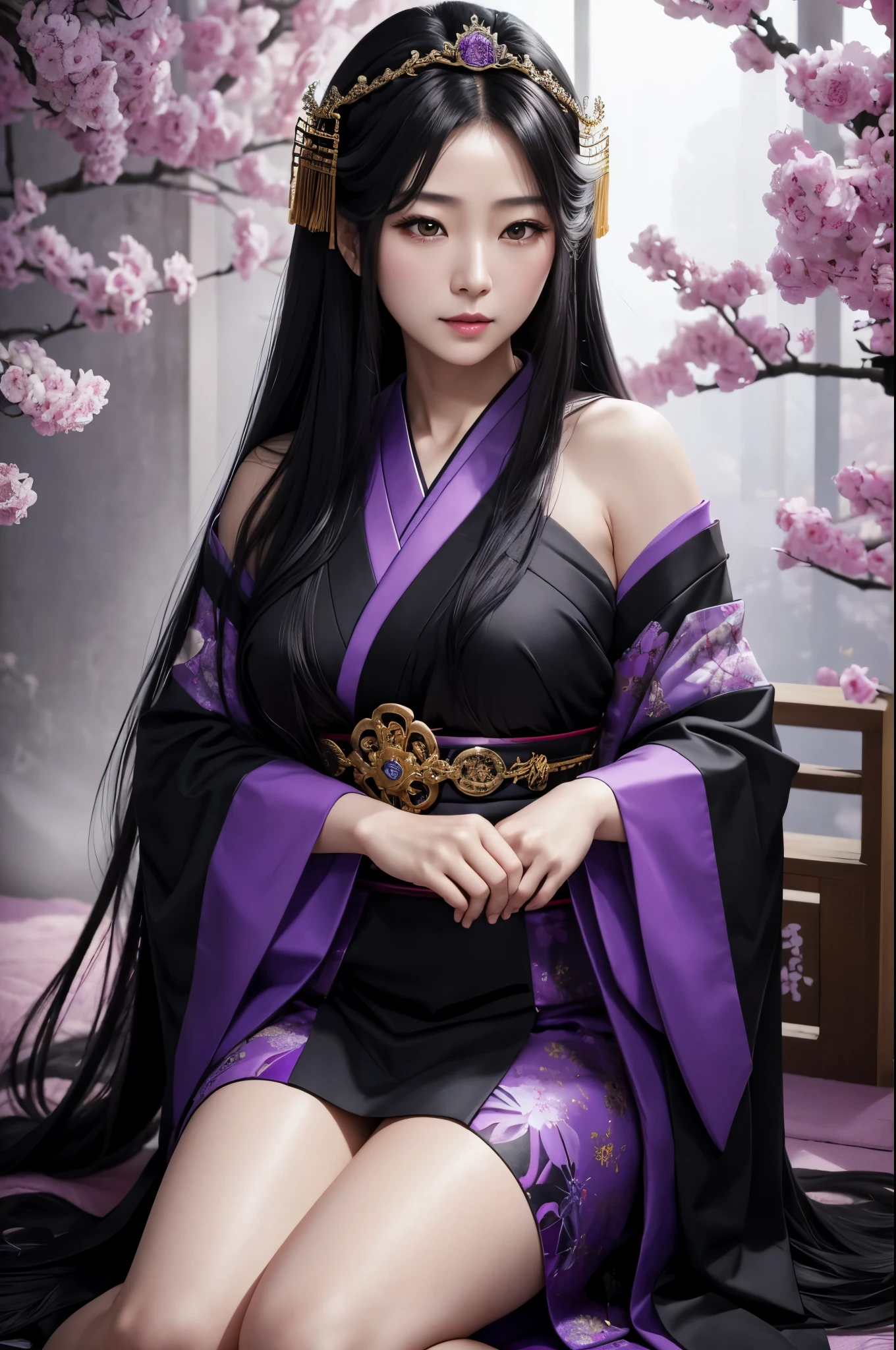 (8K,Photorealistic　to be born写真　Highest quality;1.4) Mature Japanese Goddess,so beautiful(A vivid face) ,(Long black hair),清楚なQueen,Gorgeous black and purple Japanese goddess&#39;Traditional costume of the month,Engage your audience,Beautiful expression,Moist black eyes,Queenのメイクアップ,(Queen),charm,Small breasts,Golden decoration,筋肉質の細い身体のマッチョなQueen,Gorgeous hair ornament,Holding a folding fan,kimono,Black and purple 月のkimono,非常にSmall breasts,Red eyeshadow,Ultra-high resolution,Surreal,Attention to detail,Rich colors, Backlight, Cinema Lighting, Film Grain, to be born, 50mm lens, Nikon D850,smile,Ultra-realistic,Highest qualityのフォトリアリスティックなRAW写真。Bright colors,Image of a perfect woman,Fantasy art,Character Art,background,A room in a large mansion,Extremely stiff abs,Muscular Beauty,Flower Hair Ornaments,Hairpin,