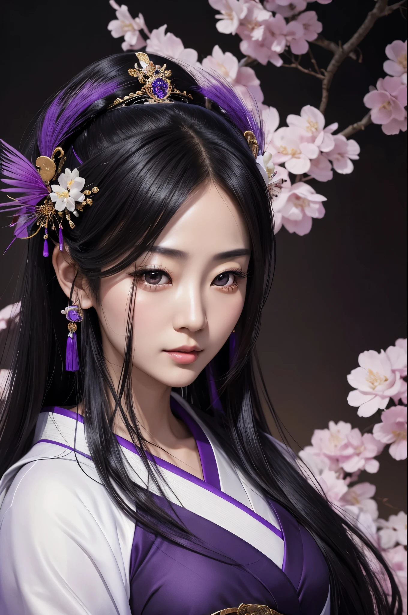 (8K,Photorealistic　to be born写真　Highest quality;1.4) Mature Japanese Goddess,so beautiful(A vivid face) ,(Long black hair),清楚なQueen,Gorgeous black and purple Japanese goddess&#39;Traditional costume of the month,Engage your audience,Beautiful expression,Moist black eyes,Queenのメイクアップ,(Queen),charm,Small breasts,Golden decoration,筋肉質の細い身体のマッチョなQueen,Gorgeous hair ornament,Holding a folding fan,kimono,Black and purple 月のkimono,非常にSmall breasts,Red eyeshadow,Ultra-high resolution,Surreal,Attention to detail,Rich colors, Backlight, Cinema Lighting, Film Grain, to be born, 50mm lens, Nikon D850,smile,Ultra-realistic,Highest qualityのフォトリアリスティックなRAW写真。Bright colors,Image of a perfect woman,Fantasy art,Character Art,background,A room in a large mansion,Extremely stiff abs,Muscular Beauty,Flower Hair Ornaments,Hairpin,