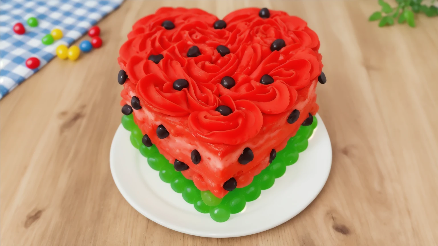 on a wooden table, there is a heart-shaped cake on a white plate,. red and green cream cake.  with black beads. there is a blue checkered tablecloth on the table next to it, scattered rainbow jelly beans, chamomile lies, Multiple light sources, bright lighting, Realistic style , realistic texture, detailed texture, A high resolution, high quality, macro photo, ultra hd 4k quality.