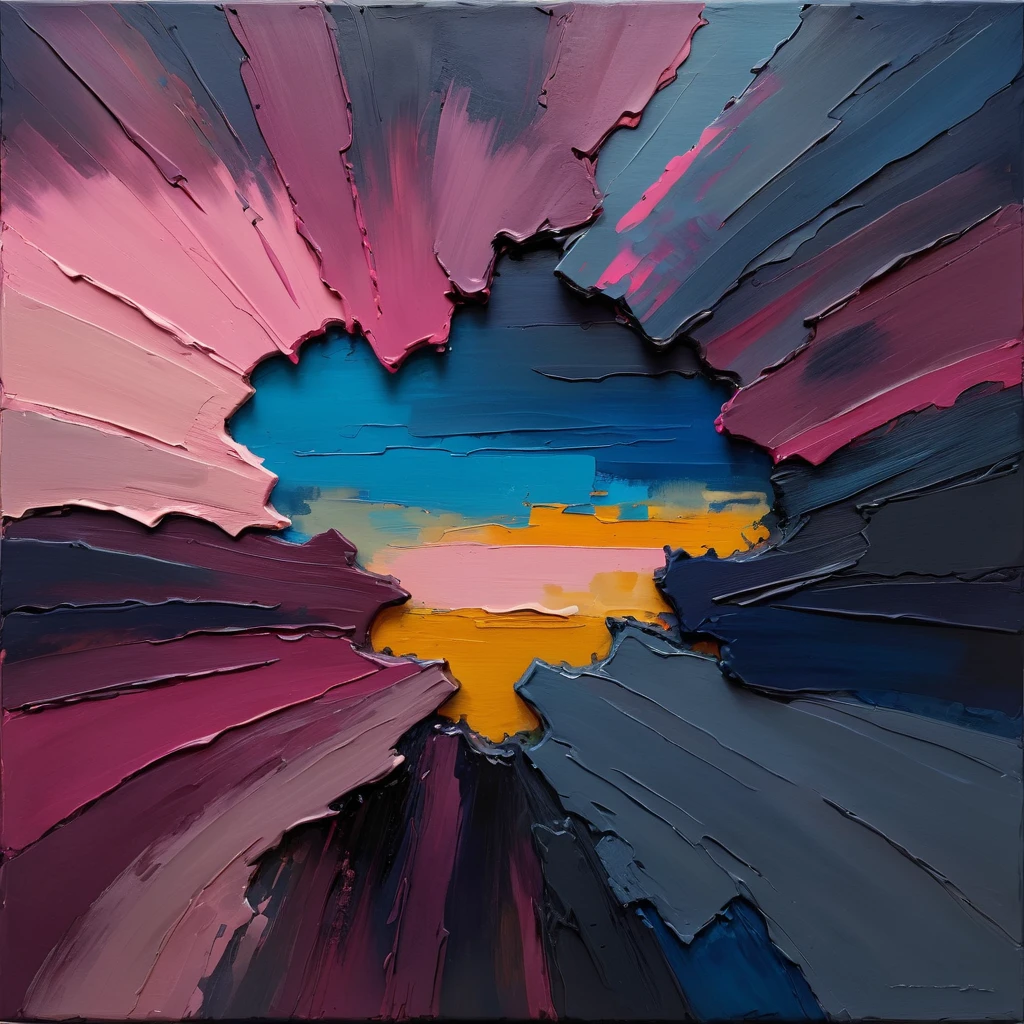 a thick textured oil painting, impasto brushstrokes, dry brushing,revealing underlayers, abstract landscape, moody lighting, dramatic shadows, muted earthy colors, vibrant colors, highly detailed, masterpiece, using a palette of light pink, muted blue, dark grayish blue, bright blue, very dark gray, and light grayish blue