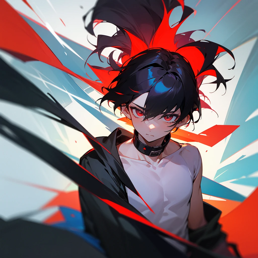 a 13 year old boy, with two color hair, half black and half red. 