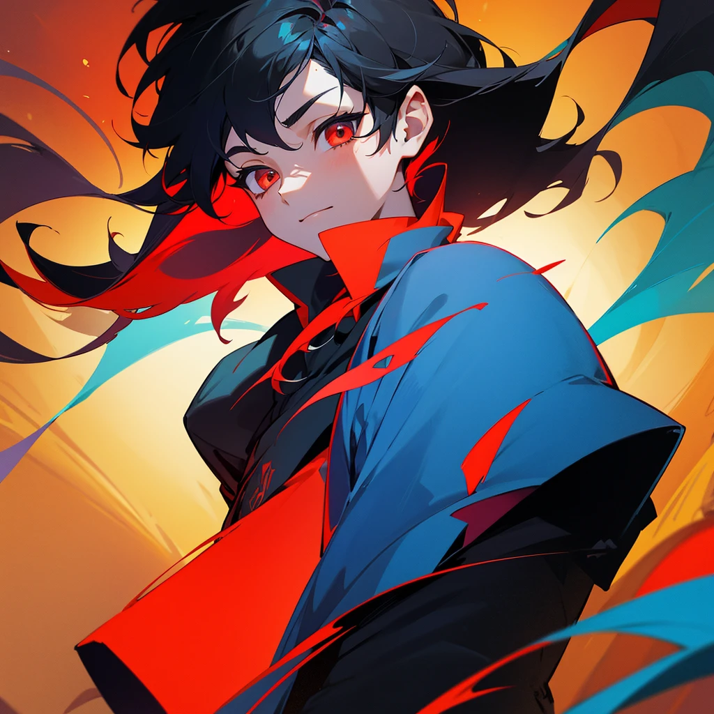 A 13 year old boy, hair goes to the shoulder, one part of the hair is black and the other part is red.