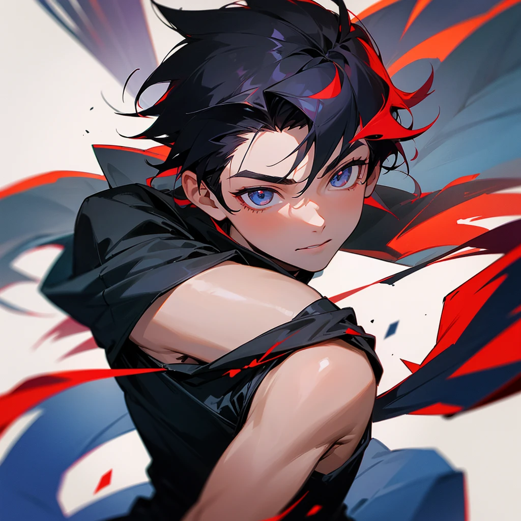 a 13 year old boy, with two color hair, half black and half red.