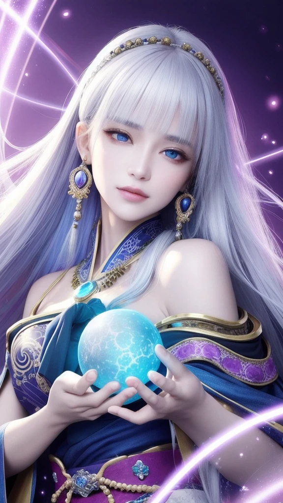 (masterpiece, top quality, 1 female, solo, exquisite details, chromatic aberration), (realistic), (skin), ((breathing)), (silver hair, blunt bangs, cropped straight long hair, short bangs, silver hair), beautiful hair, red headdress, highlights, hair on one eye, beautiful eyes, purple eyes, thick lips, earrings, piercing eyes, ((gold and white kimono)), ((symmetrical eyes)), ((perfectly symmetrical body)), ((perfectly symmetrical hands)), (purerosface_v1:0.3), full moon night, ((self, natural light))), bright lighting, flowers blooming in the background, in front of the viewer, ((central shot, from the front, (face and shoulders))), mysterious atmosphere, colorful flowers blooming around, light colored background, fortune teller in kimono, beautiful fortune teller, fortune teller, Fantasy female fortune teller, female fortune teller, fantasy photography, Japanese style, fortune teller in kimono, elegant cinematic fantasy art, fantasy woman, magician portrait, fortune teller, powerful wizard surrounded by mystical colorful flowers, holding a glowing heart crystal ball, eyes glowing with mystical energy, spells leaking from her mouth, vivid swirls of sorcery pulsating with iridescent hues appear in the air, magic permeates, flowers bloom, sacred creatures gaze in awe, threads of magical energy dance, reveal hidden realms, unravel secrets, capture the essence of this enchanting moment and bring to life the mysterious power of sorcery on a canvas of the highest quality and finest detail. Top Quality, Masterpiece, Ultra High Resolution, (Photorealistic: 1.4), RAW Photo, Sharp Focus, High Resolution, Detailed Skin.