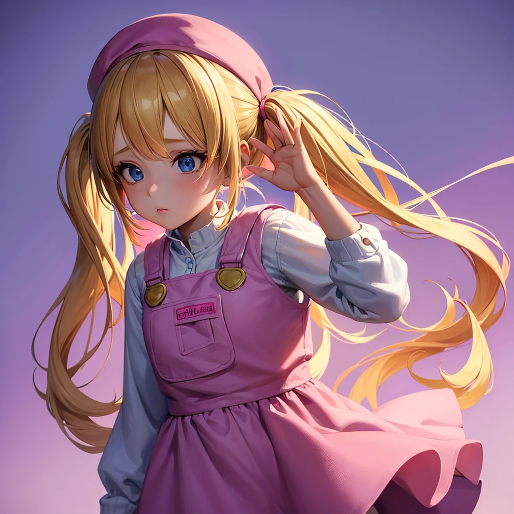 1 adult girl, blue eyes, Blonde, hair in two pigtails, pink vests, pink dress with white overalls, a pink hat on her head, in a calm and sweet environment, photography as for social media profile, Dragon Ball Z style and design, especially in the eyes, purple background
