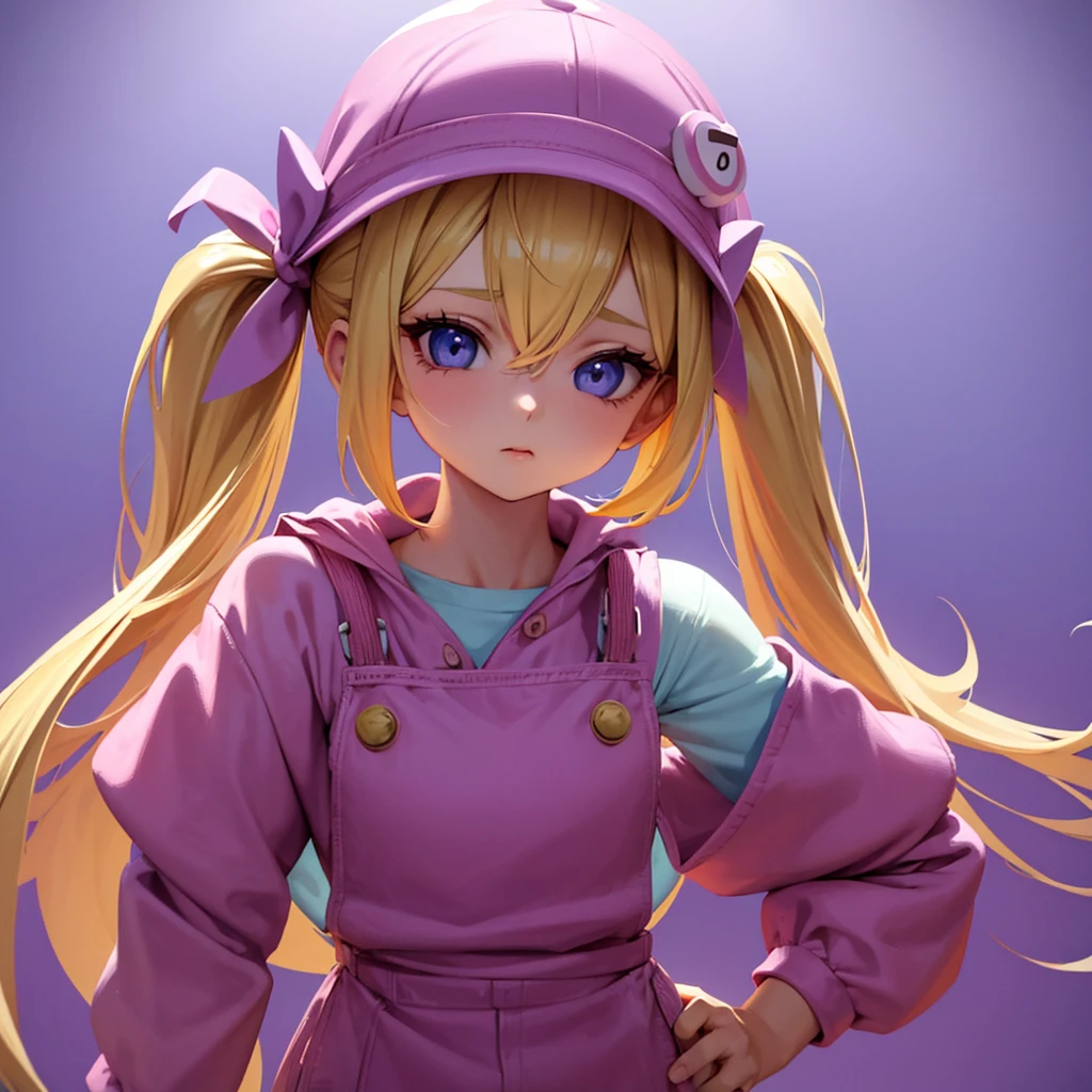 1 adult girl, blue eyes, Blonde, hair in two pigtails, pink vests, pink dress with white overalls, a pink hat on her head, in a calm and sweet environment, photography as for social media profile, Dragon Ball Z style and design, especially in the eyes, purple background