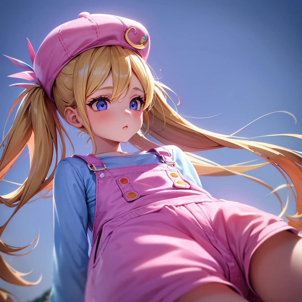 1 adult girl, blue eyes, Blonde, hair in two pigtails, pink vests, pink dress with white overalls, a pink hat on her head, in a calm and sweet environment, photography as for social media profile, Dragon Ball Z style and design, especially in the eyes, purple background