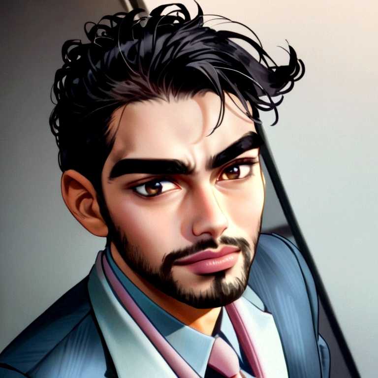 The character has his arms stretched out., dark hair (long hair, neck tied with ponytail.), Boas poses, handsome man, Face pretty, caucasiano, bearded indian face, royal elegant pose, business man, (in a striped blazer.), (The surrounding environment is an elegant and classic living room.) (Sand tone images)