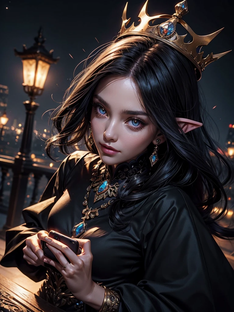 (selfie:1.3), photorealistic, woman looks at the phone screen,aesthetic beauty, md,crown, jewelry, black hair, glowing, long sleeves, wide sleeves, glowing eyes, pointy ears, on midnight