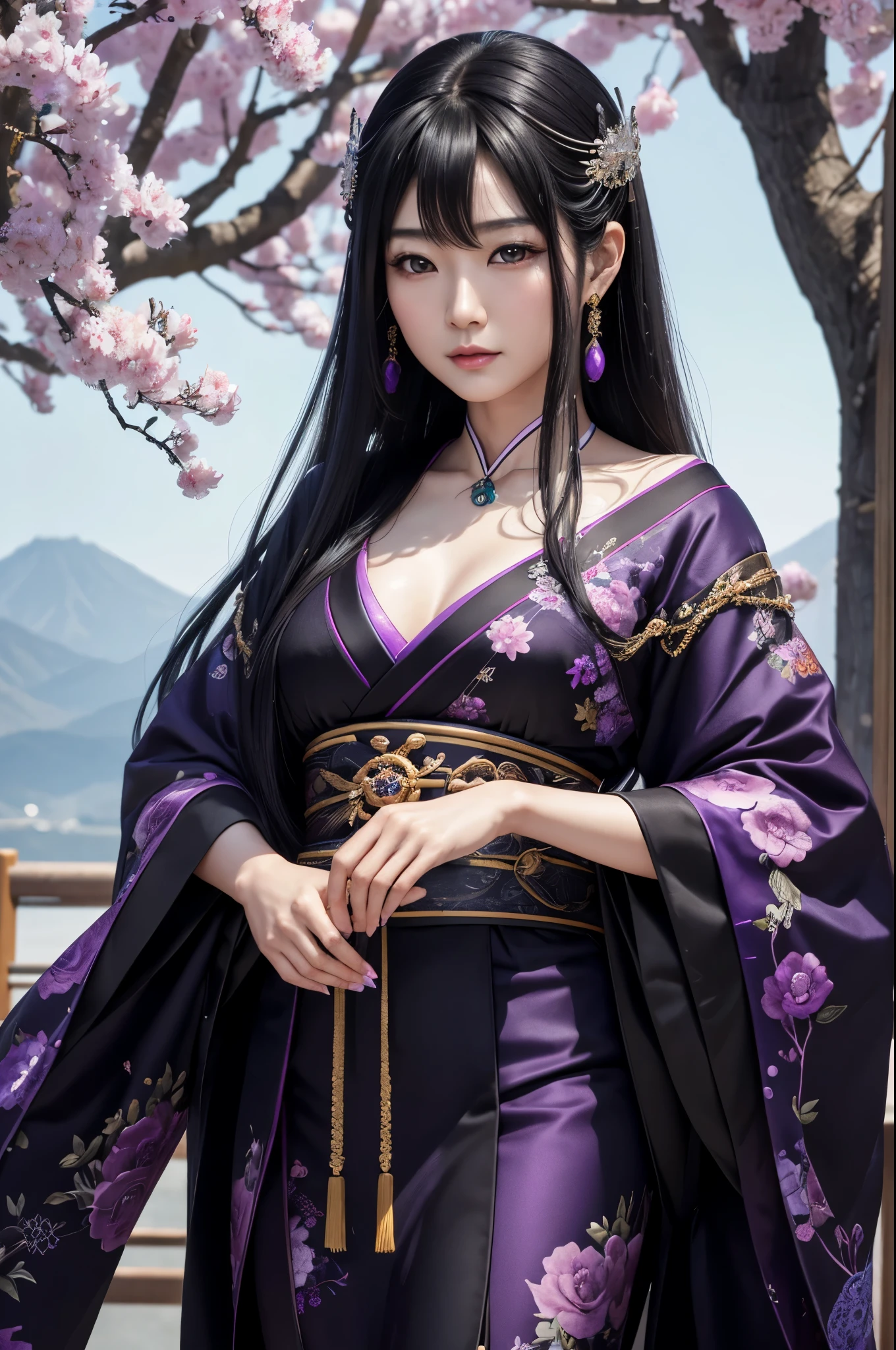 (8K,Photorealistic　to be born写真　Highest quality;1.4) Mature Japanese Goddess,so beautiful(A vivid face) ,(Long black hair),清楚なQueen,Gorgeous black and purple Japanese goddess&#39;Traditional costume of the month,Engage your audience,Beautiful expression,Moist black eyes,Queenのメイクアップ,(Queen),charm,Small breasts,Golden decoration,筋肉質の細い身体のマッチョなQueen,Gorgeous hair ornament,Holding a folding fan,kimono,Black and purple 月のkimono,非常にSmall breasts,Red eyeshadow,Ultra-high resolution,Surreal,Attention to detail,Rich colors, Backlight, Cinema Lighting, Film Grain, to be born, 50mm lens, Nikon D850,smile,Ultra-realistic,Highest qualityのフォトリアリスティックなRAW写真。Bright colors,Image of a perfect woman,Fantasy art,Character Art,background,A room in a large mansion,Extremely stiff abs,Muscular Beauty,Flower Hair Ornaments,Hairpin,