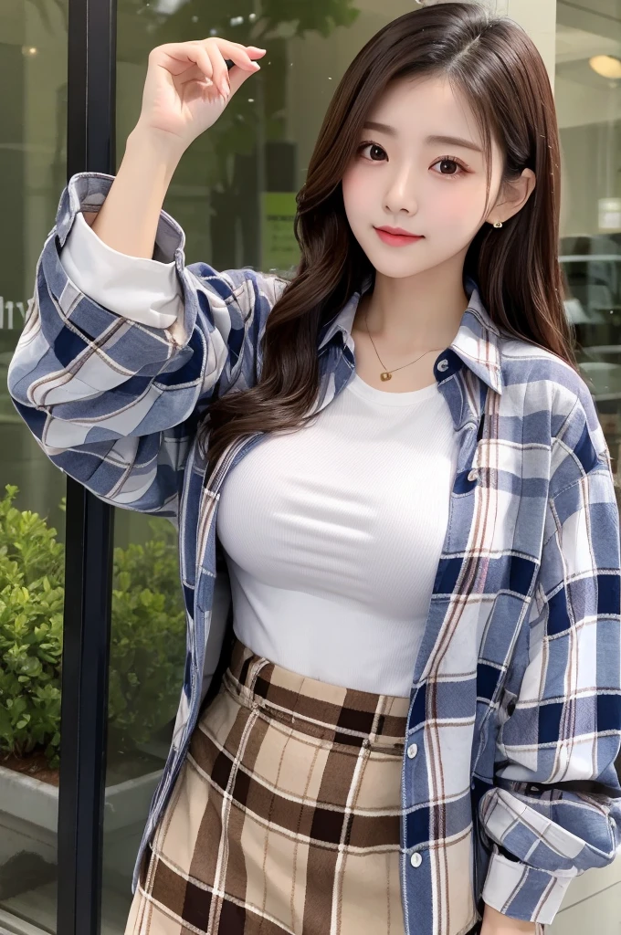 ((Highest quality))、Beauty、Big Breasts、Fully open flannel shirt、Do not tuck in the hem