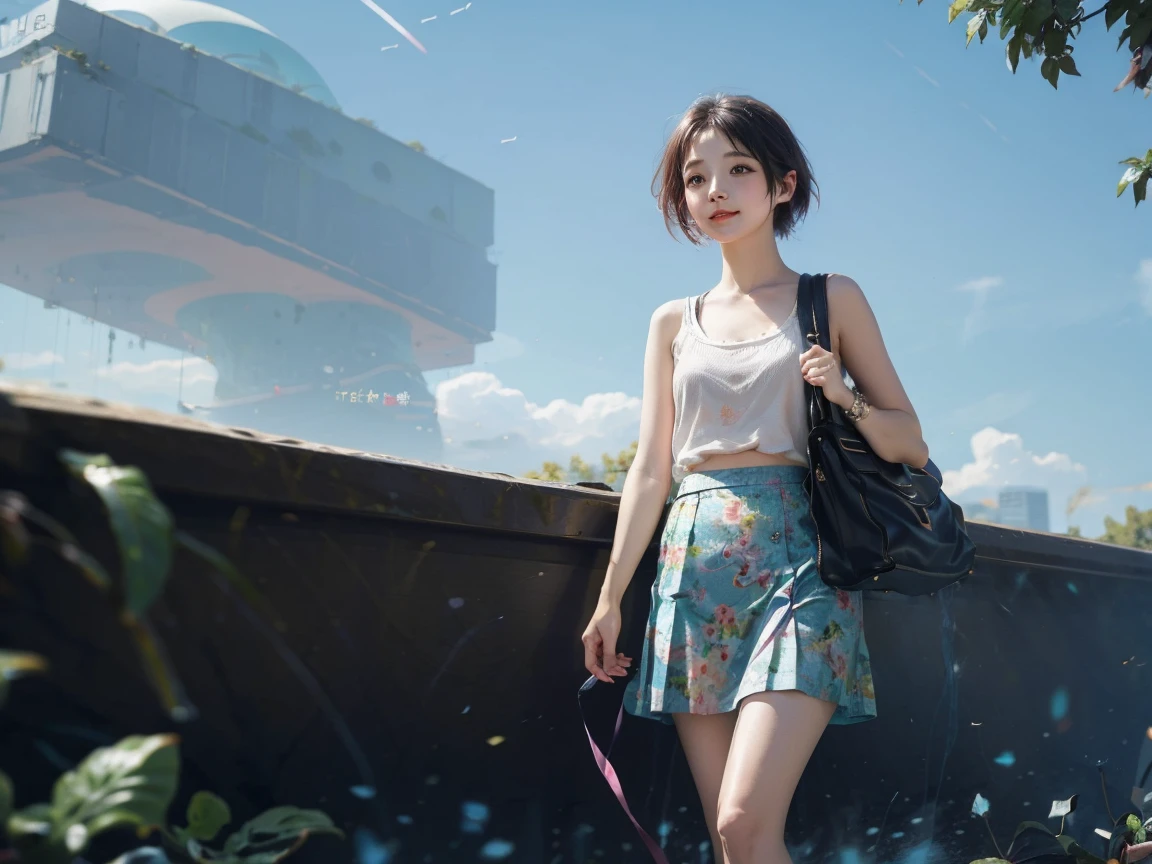 cute young short hair girl chilling around the city, the sky are blue and very happy joyful day, she is wearing a modern shirt with cute flower skirt, soft color
