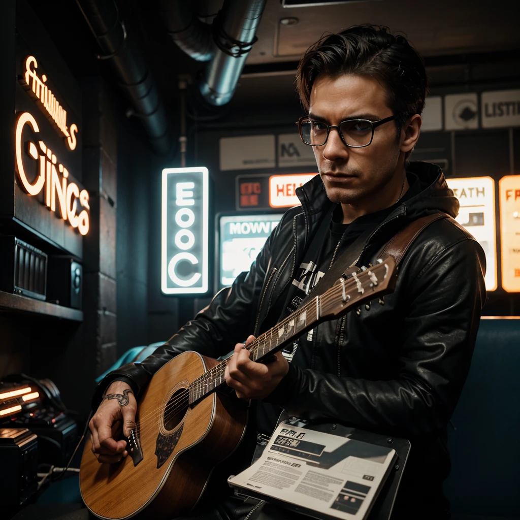 Futuristic Cyberpunk style photo. a robust masculine looking person with glasses, with an acoustic guitar. with a sign behind it, from the Cris Nava brand.