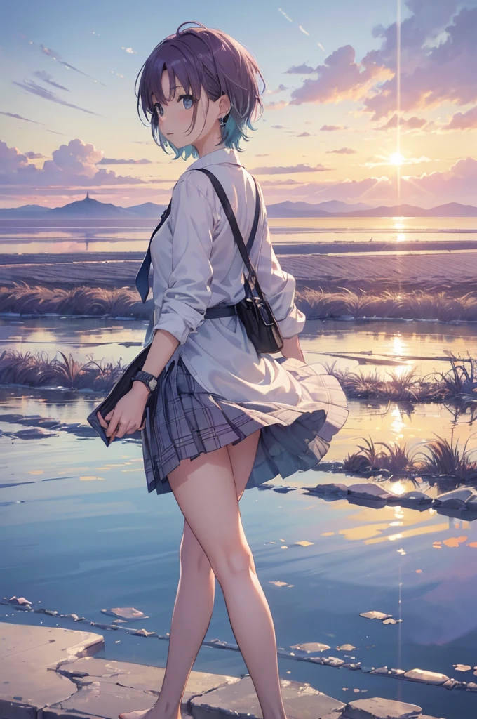 ((Highly detailed face,Perfect Face)),(Beautiful Face: 1.1), (((Perfect hands,Perfect ???????))),Sexy Body,Browsing Caution, ＜skin、The hair、quality＞ Transparency, Glowing Skin, shiny hair, ＜quality＞ Top quality, ４ｋquality, High resolution, 超High resolution, 8K,(Vibrant colors: 1.2), High resolution, Super detailed, Ultra Sharp, super High resolution, Film script, , (wonderful_quality: 1.0), ((toru asakura、blue hairs、Earrings、gradation hair、multi color hair、分けた前hair、Purple hair、short_hair, )), ＜sight、Expressionless、Pause prompt＞ Sparkling Eyes,View Viewer, blush, ((,Back view)), Fascinating, Shining Eyes, Nice face,　Are standing , Raise one leg,　((masterpiece)), top-quality, Anime Art Wallpaper 8K, Walking on Water((toru asakura、blue hairs、Earrings、gradation hair、multi color hair、分けた前hair、Purple hair、short_hair, barefoot, 　Loose tie、cardigan、Plaid、Plaidスカート、Pleated skirt、、Skirt、Rolled up my sleeves、Wristband )),, ripple, Dawn Background, Saturn in the background, Awareness-raising, Concept Art, And soul, Key Visual, WLOPによるトレンドのpixiv Fanbox, Greg Rutkowski, Makoto Shinkai, Mamoru Hosoda, Studio Ghibli, Uyuni Salt Flats scenery
