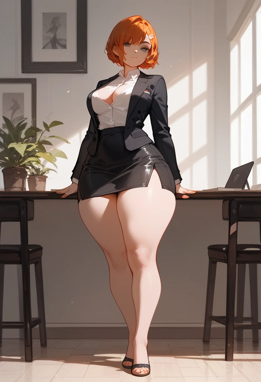 pale woman, thick thighs and wide , short ginger hair, tight black blazer, tight black pencil skirt, thick thighs pressed together, barefoot, small feet, standing up, wearing simple black slip on flats on her feet