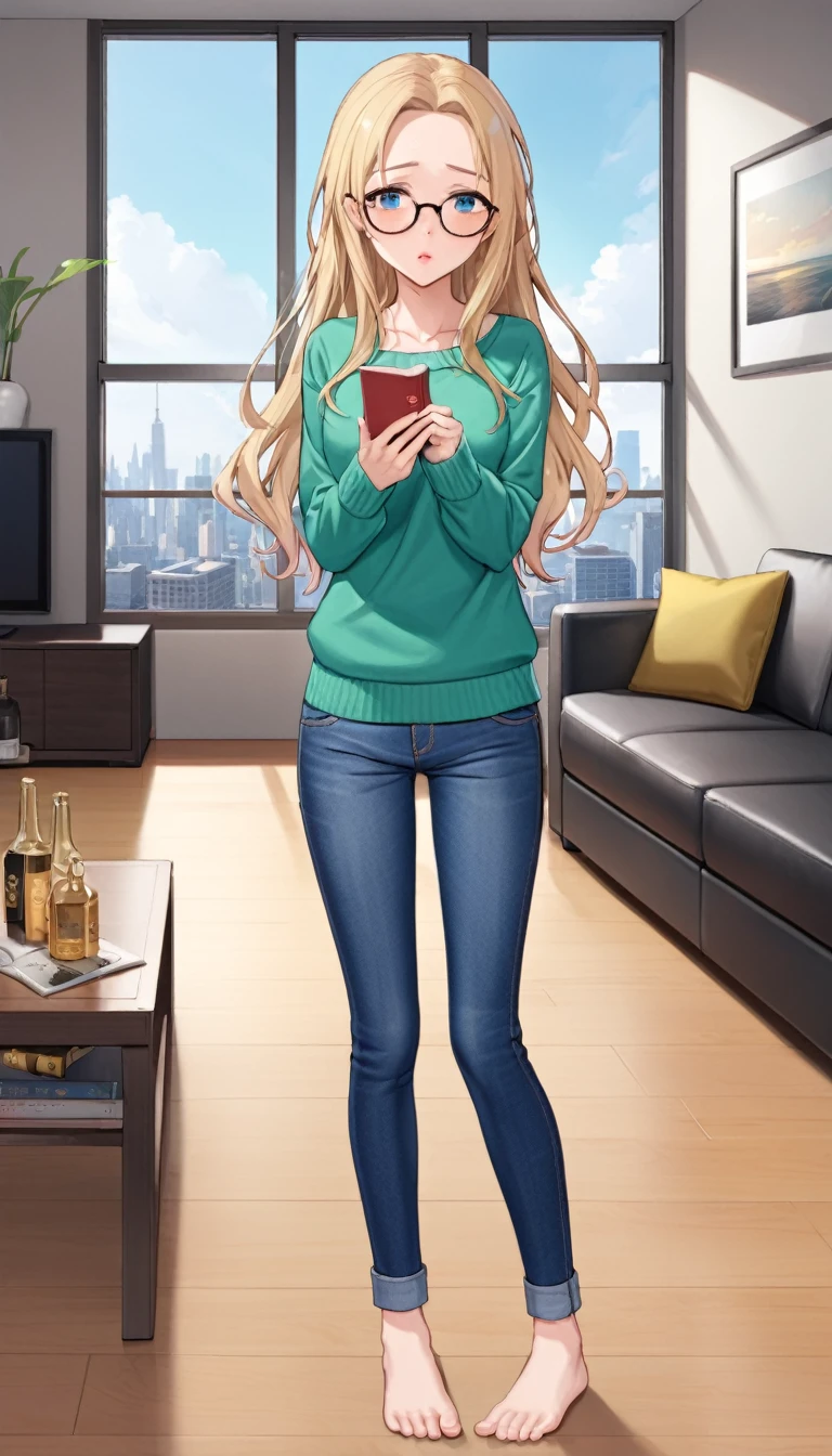 ((best quality, masterpiece:1.3, 8K)), (detailed), highly detailed face and skin texture, detailed eyes, living room, window, empty bottles, full body, (slender body:1.1), 1girl, 25 years old, white skin, blue eyes, reading glasses, bright lips, worried, embarrassed, blonde hair, straight hair, long hair, (forehead:1.0), green sweater, hard nipples, jeans pants, skinny jeans, blue jeans, barefoot, desperation:1.5,