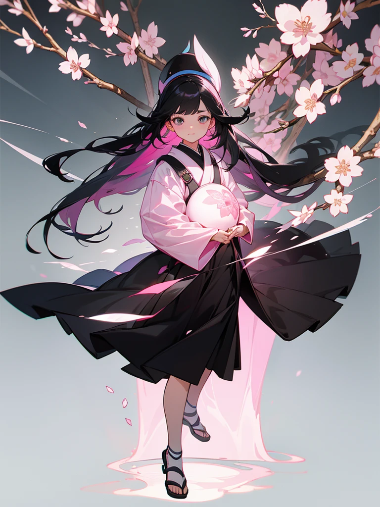 best quality, character design sheet, adult woman、No hat on, Black and pink hair, whole body, Head to Toe, Fortuneteller、Standing facing forward, Beautiful black dress, long Black Hair, Pure white background, from front, best quality, Cherry blossom pattern、Japanese、Adult Japanese、Clear eyes、Standing facing forward、The face is facing forward、holding a magic card in hand、White background、Black western dress、Neutral face、Black hair with pink inner color