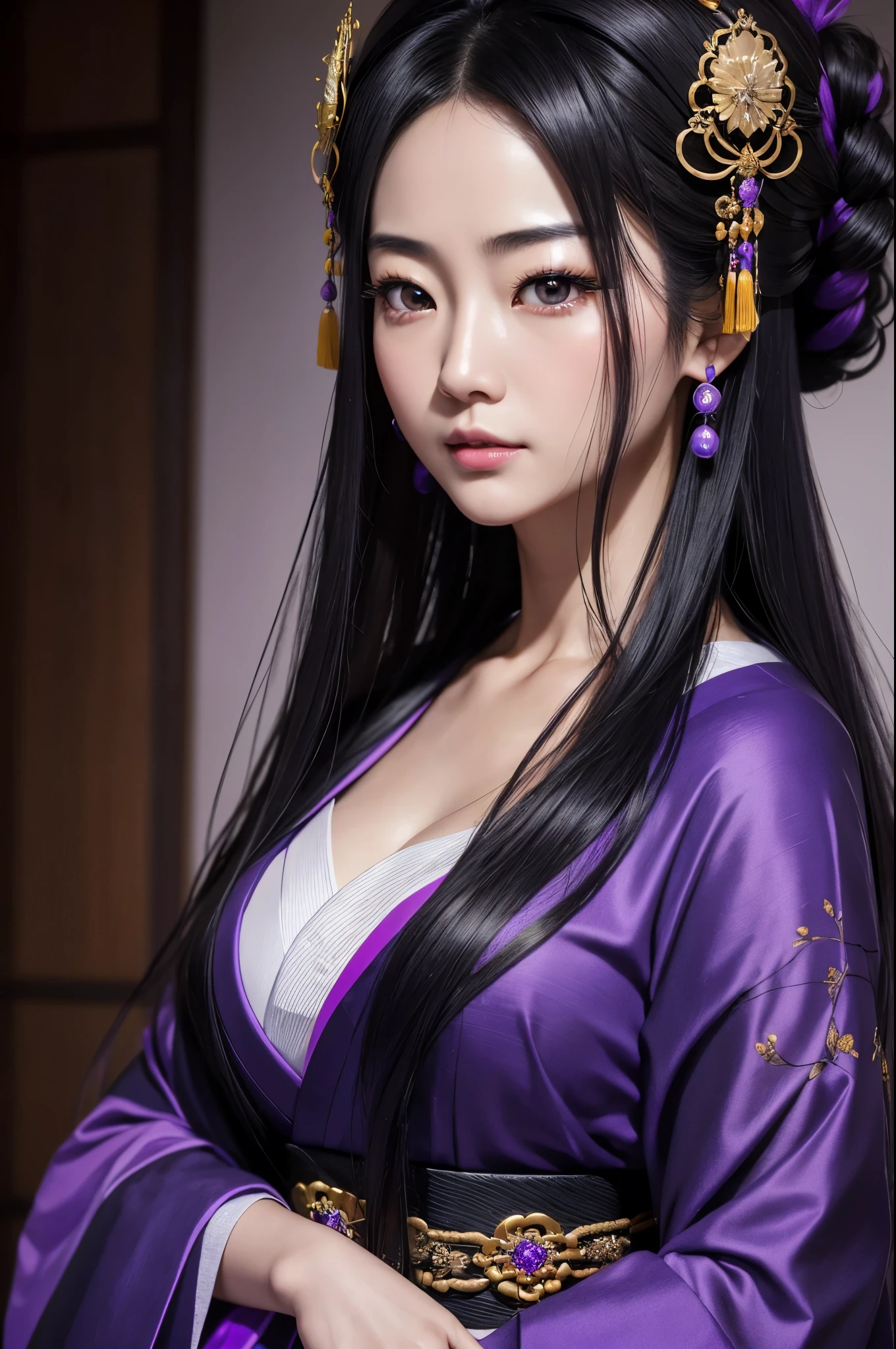 (8K,Photorealistic　to be born写真　Highest quality;1.4) Mature Japanese Goddess,so beautiful(A vivid face) ,(Long black hair),清楚なQueen,Gorgeous black and purple Japanese goddess&#39;Traditional costume of the month,Engage your audience,Beautiful expression,Moist black eyes,Queenのメイクアップ,(Queen),charm,Small breasts,Golden decoration,筋肉質の細い身体のマッチョなQueen,Gorgeous hair ornament,Holding a folding fan,kimono,Black and purple 月のkimono,非常にSmall breasts,Red eyeshadow,Ultra-high resolution,Surreal,Attention to detail,Rich colors, Backlight, Cinema Lighting, Film Grain, to be born, 50mm lens, Nikon D850,smile,Ultra-realistic,Highest qualityのフォトリアリスティックなRAW写真。Bright colors,Image of a perfect woman,Fantasy art,Character Art,background,A room in a large mansion,Extremely stiff abs,Muscular Beauty,Flower Hair Ornaments,Hairpin,