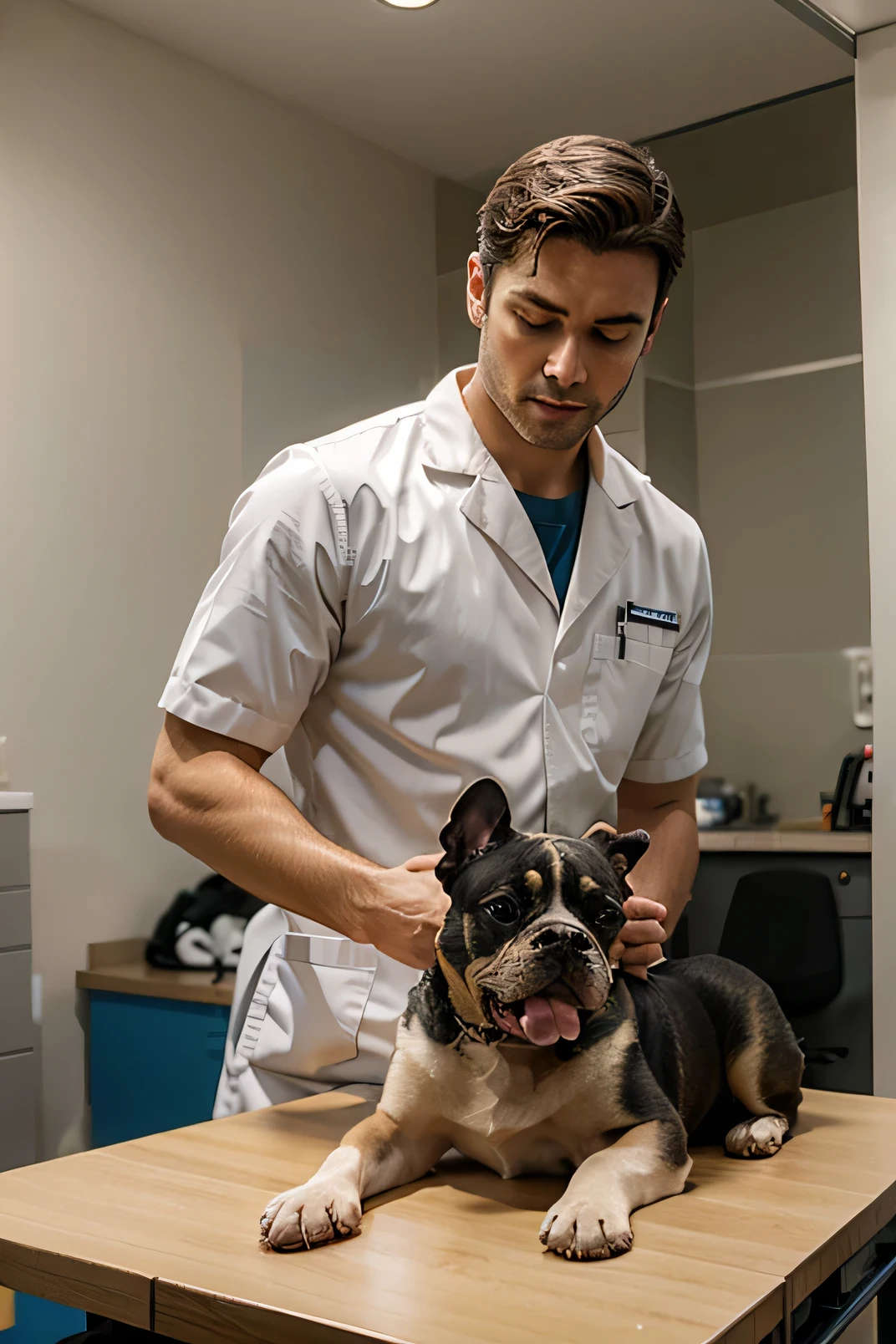 Photo of handsome veterinarian wearing medical uniform attending to french bulldog on examination table in veterinary office 