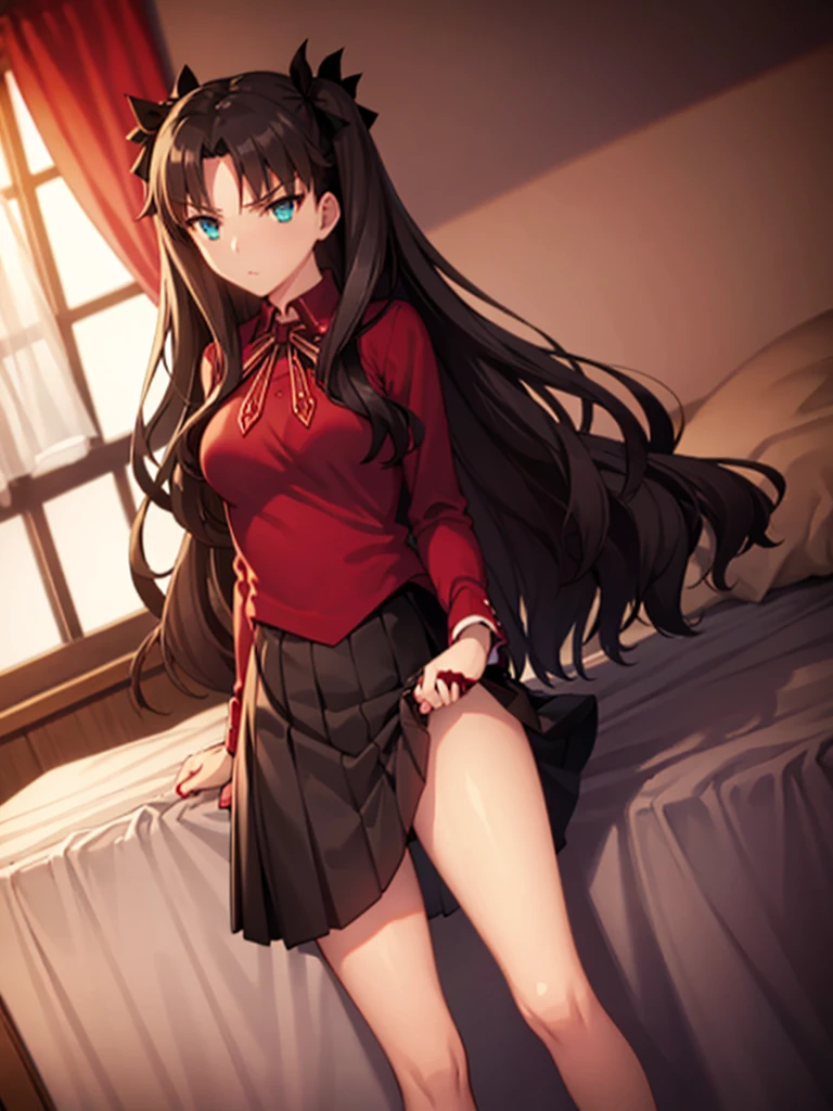 Tohsaka rin, A-line skirt,sexy girl,bed room ,on the bed,Beautiful slender legs,Big breasts,porn