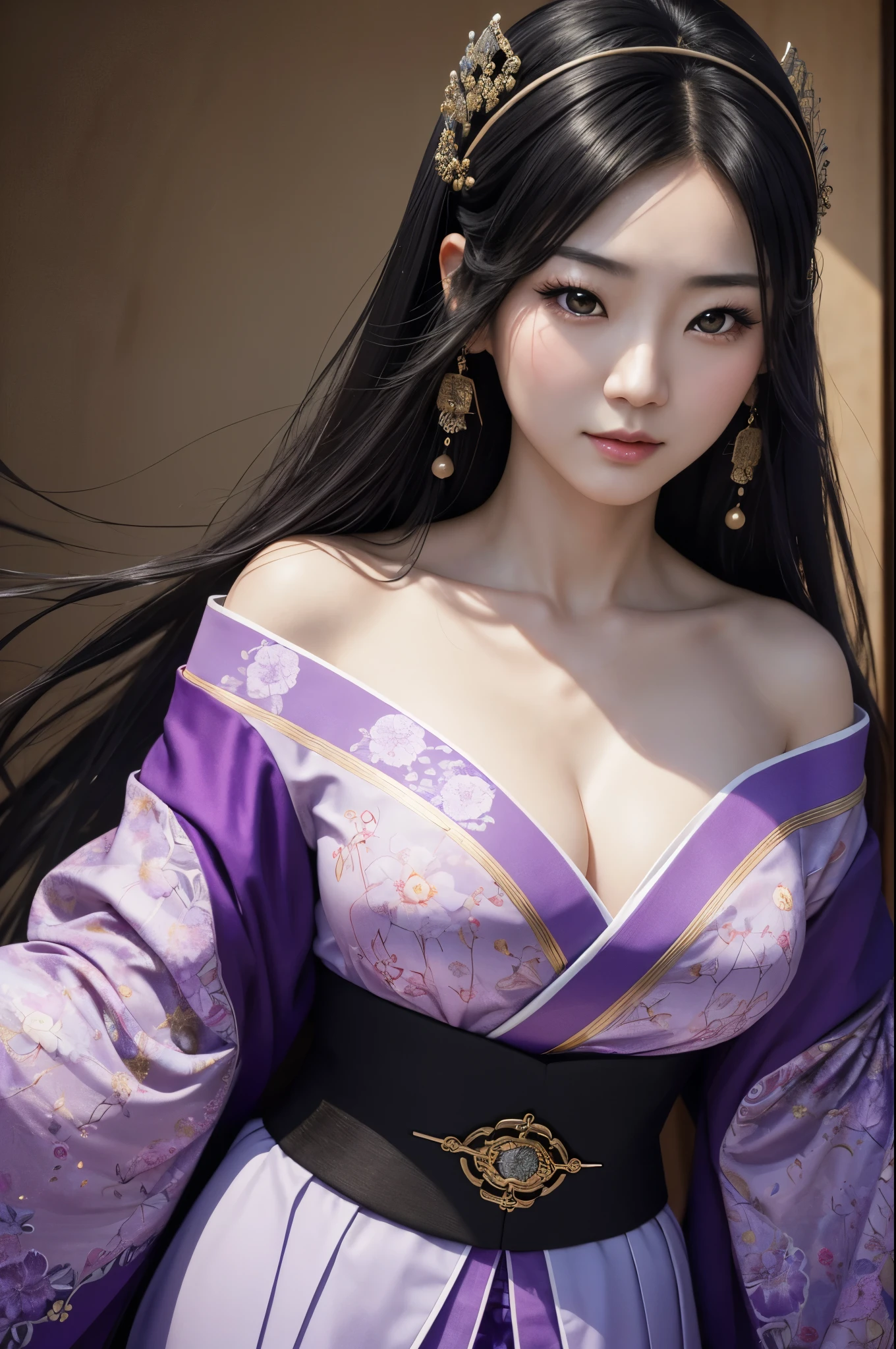 (8K,Photorealistic　to be born写真　Highest quality;1.4) Mature Japanese Goddess,so beautiful(A vivid face) ,(Long black hair),清楚なQueen,Gorgeous black and purple Japanese goddess&#39;Traditional costume of the month,Engage your audience,Beautiful expression,Moist black eyes,Queenのメイクアップ,(Queen),charm,Small breasts,Golden decoration,筋肉質の細い身体のマッチョなQueen,Gorgeous hair ornament,Holding a folding fan,kimono,Black and purple 月のkimono,非常にSmall breasts,Red eyeshadow,Ultra-high resolution,Surreal,Attention to detail,Rich colors, Backlight, Cinema Lighting, Film Grain, to be born, 50mm lens, Nikon D850,smile,Ultra-realistic,Highest qualityのフォトリアリスティックなRAW写真。Bright colors,Image of a perfect woman,Fantasy art,Character Art,background,A room in a large mansion,Extremely stiff abs,Muscular Beauty,Flower Hair Ornaments,Hairpin,