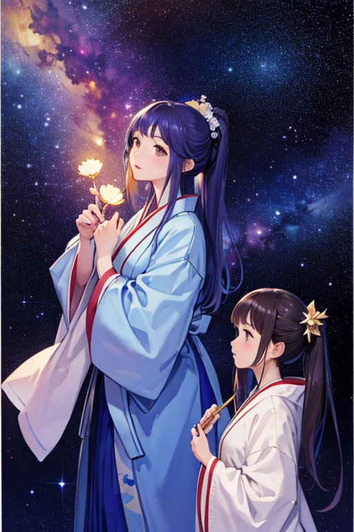 Highest quality、masterpiece、High sensitivity、High resolution、Detailed Description、Tanabata、A man and a woman meet、Orihime and Hikoboshi、milky way、