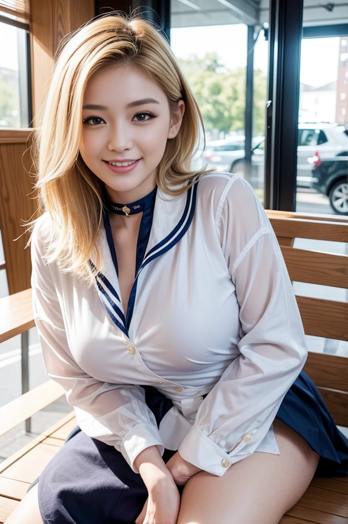 Beautiful 25 year old woman, Japanese,One Woman,Beautiful, perfect and detailed face,Cute,Beauty,beautiful,f cup bust,An innocent smile,nice smile,Blonde natural short hair,Model Body Type,Long legs,Natural red lips,Fine eyes and lips,Realistic, Very detailed,8K, masterpiece,Sailor collar style,White blouse with sailor collar,Navy Skirt,loafers,Coffee shop in the background