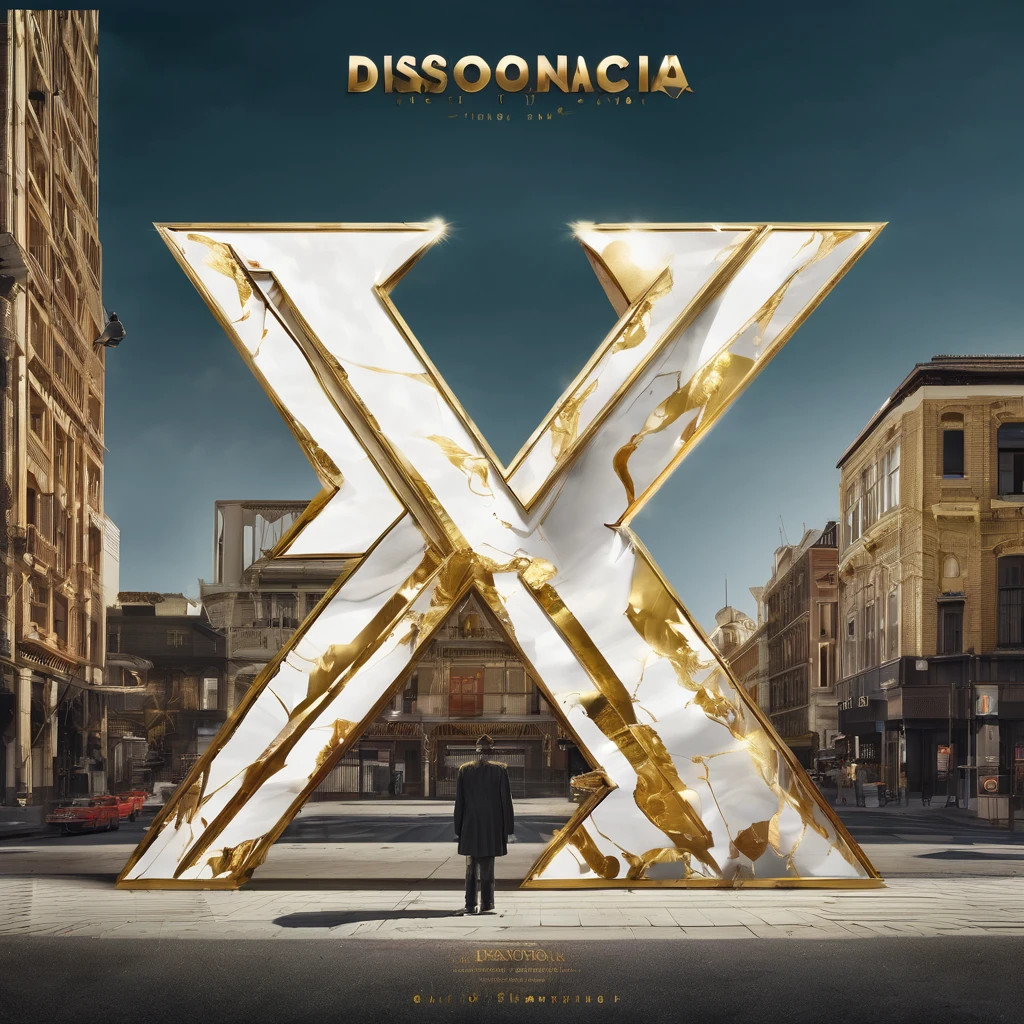 "DISSONANCIA" written in big golden letters in cinematic style, White background, album cover