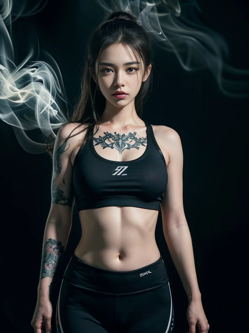 ((top-quality, 8K, masterpiece:1.3)),photorealistic portrait of tattooed girl ,wearing detailed sports bra and leggings, Emphasizes abdominal muscles,big breasts, lot of black tattoos on body,  tattooed body, while the chest tattoo adds a cinematic touch to the scene amidst the black tattoo, cinematic lighting completes the overall atmosphere ,in the gym background, standing, (upper body image:1.5)rms up , hands behind head,dark tone,smoke,black groud