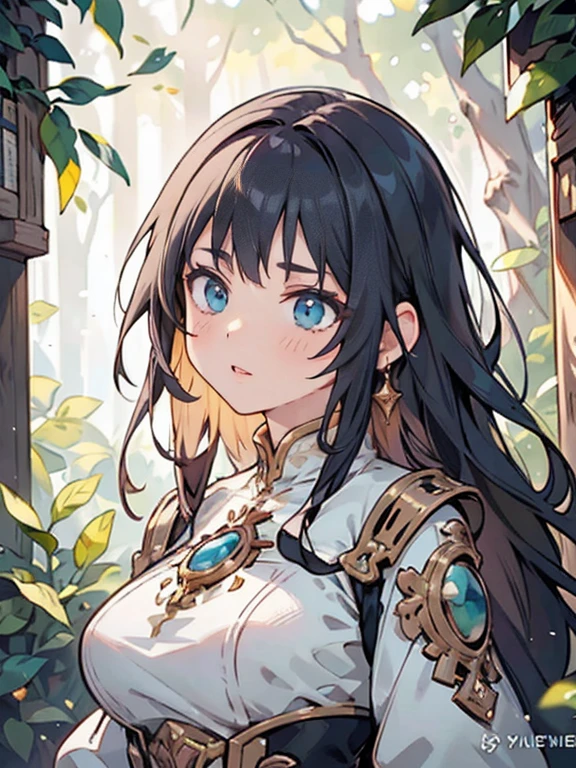 beautiful long black hair girl, detailed face, delicate facial features, beautiful detailed eyes, beautiful detailed lips, extremely detailed eyes and face, long eyelashes, elegant pose, intricate detailed dress, intricate jewelry, fantasy forest background, warm lighting, golden hour lighting, cinematic lighting, vibrant colors, highly detailed, 8k, photorealistic, hyper-realistic, studio lighting, masterpiece, art by artgerm and greg rutkowski and alphonse mucha