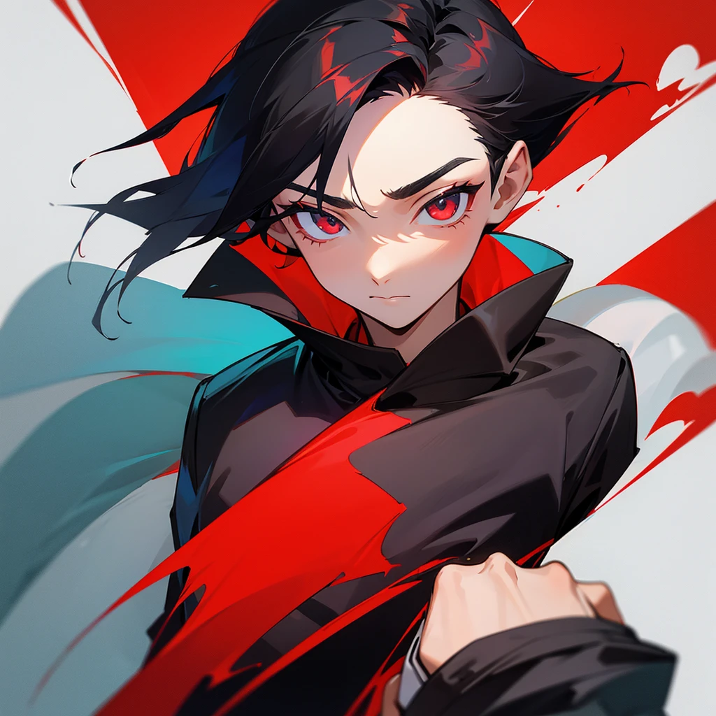 A 13 year old boy, hair goes to the shoulder, one part of the hair is black and the other part is red. 