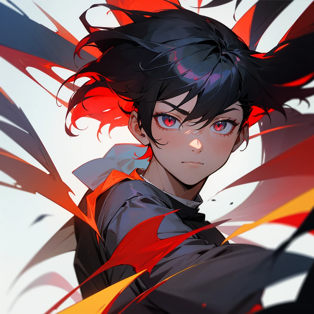 A boy, hair goes to the shoulder, one part of the hair is black and the other part is red.