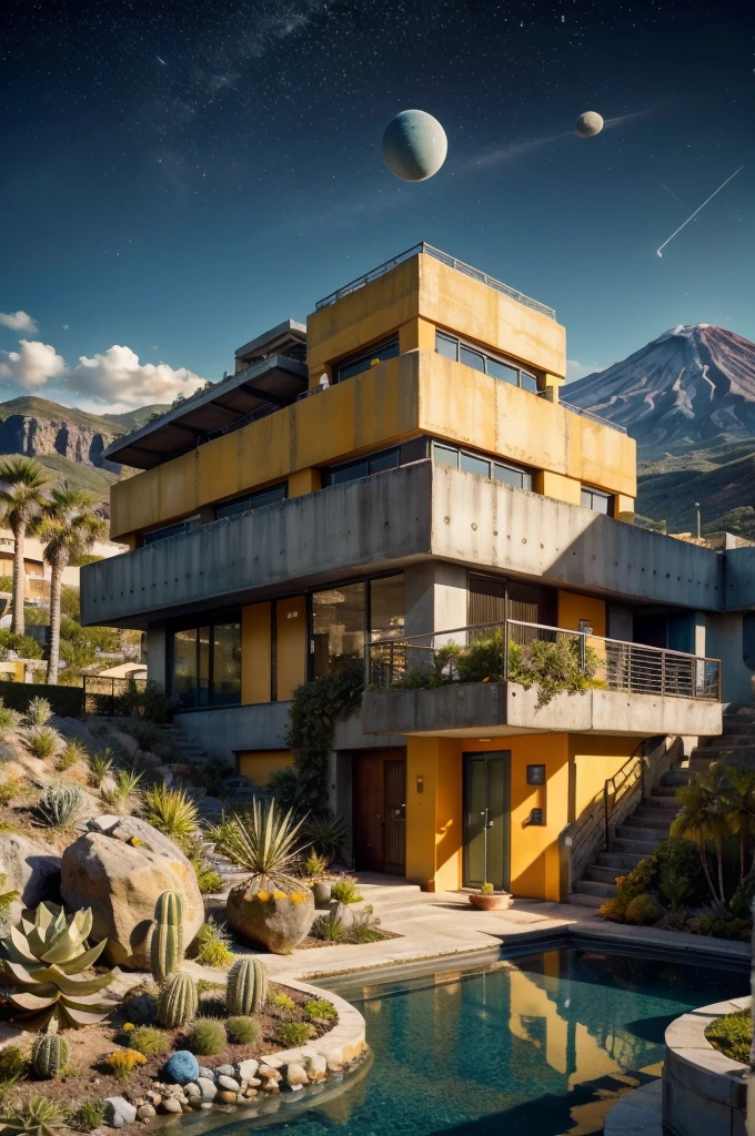 An illustration in collage style, with giant boulders, brutalist building sections, terraces, stairs, cacti, agave, concrete texture, multiple geometric shapes, hatch and cross hatching, planet saturn, volcano, moon, Luis Barragán's architectural style build, milky way galaxy, violet, one motorcycle, An illustration in collage style, with giant boulders, brutalist building sections, stairs, cacti, agave, concrete texture, multiple geometric shapes, hatch and cross hatching, planet saturn, volcano, moon, Luis Barragán's architectural style build, reflective pool, terraces. An elegant and modern build, in top of big boulders, with terraces, materials concrete, wood, steel and crystal, various gardens with tropical vegetation, cacti and rocks, stairs, a pool. In middle of sea, a big wave near, sunset, mountains and a volcano in the horizont, cute islands around, illustration format, cute color palette, detailed, masterpiece, award-winning work, clouds, Illustration, a garden with abundant cacti, ((various organic sculptures)), ((big rocks)), (((multiple sections))), collage style, detailed, (((color palette (olive green), (Mustard orange), cool grey, ((blue)), black and white))), (((a lot Luis barragán's architecture style builds))) big clouds, volcano in horizon, stairs, in the desert. ((masterpiece, best quality)),illustration,ultra detailed 8k, ((Ori Toor visual style)),soviet, megabuildings, megastructures, buildings, organic steel sculpture