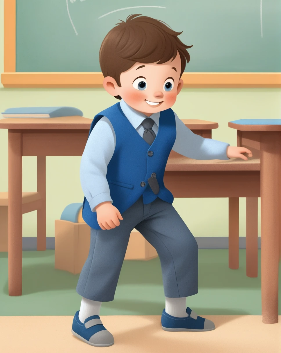 boy with blue long sleeve vest and gray pants, from a school
