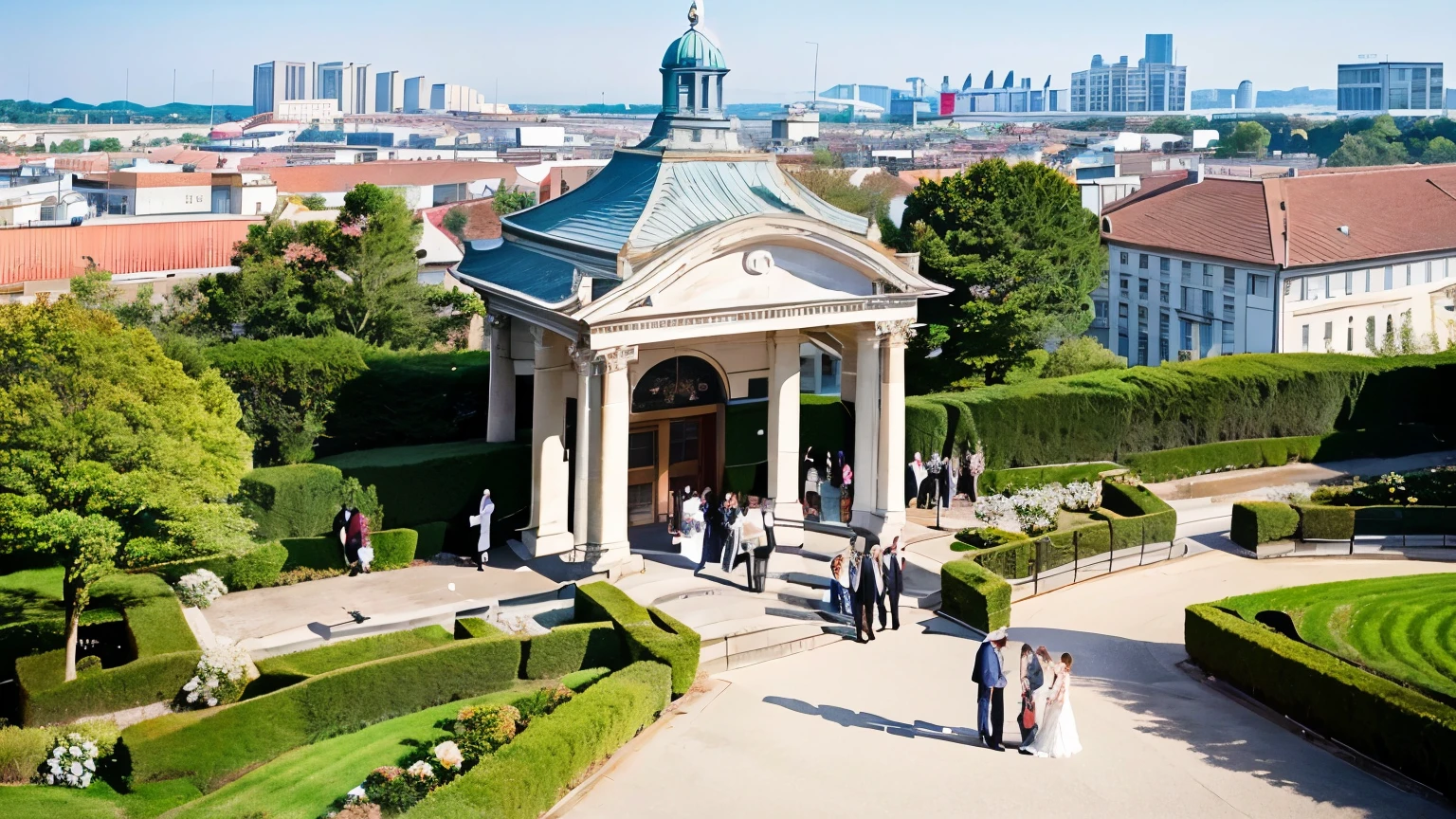 Beautiful chapel for an elegant wedding ceremony、The exterior of a grand palatial building、Sunny morning city view from above、A group of well-dressed friends attending a wedding、Intricate architectural details of the wedding venue、Lush, serene landscape