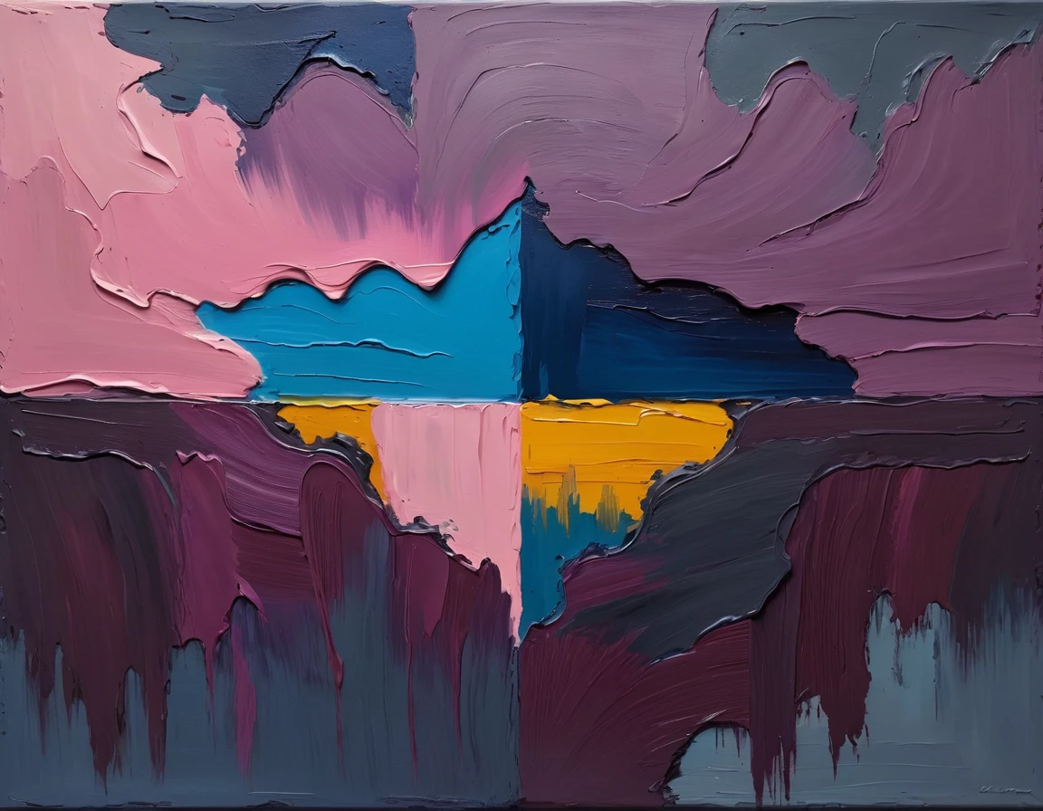 a thick textured oil painting, impasto brushstrokes, dry brushing,revealing underlayers, abstract landscape, moody lighting, dramatic shadows, muted earthy colors, vibrant colors, highly detailed, masterpiece, using a palette of light pink, muted blue, dark grayish blue, bright blue, very dark gray, and light grayish blue
