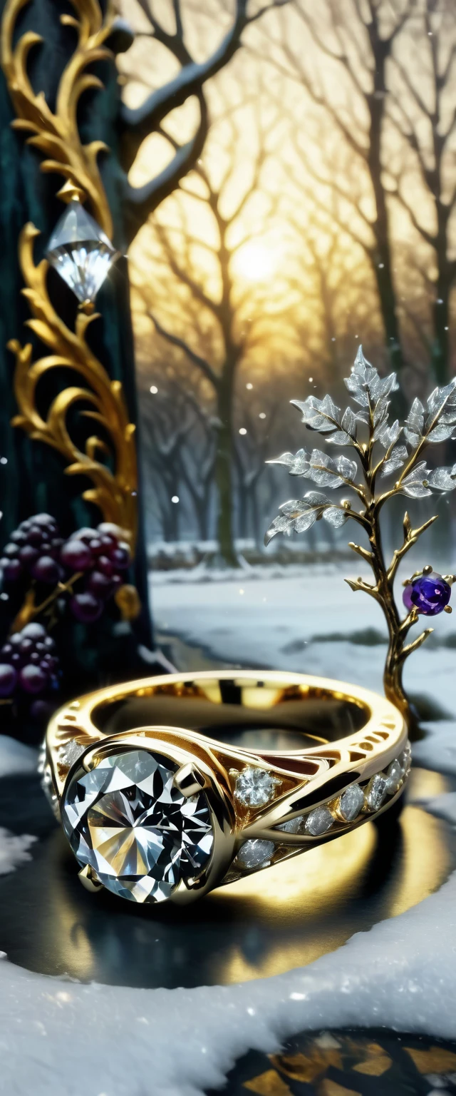 winter theme, chilly, Freezing, (ring, metallic texture, golden ring, Diamant, Diamant gem, white Diamant, engagement ring, beautifull ring, detaileds, focusing:1.45),dark trees, ripples,Irregular geometric fluid oil filling,Splashed nebulae,flowers,Grape trees, grade,bubble,Space flickering outside the door, (White background: 1.45),