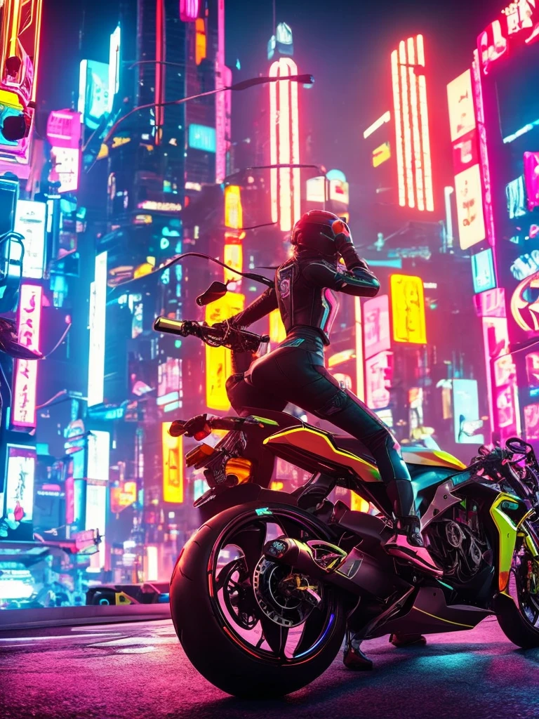 Cyberpunk: A slender girl is driving a futuristic motorcycle, racing through a neon city, full-body image