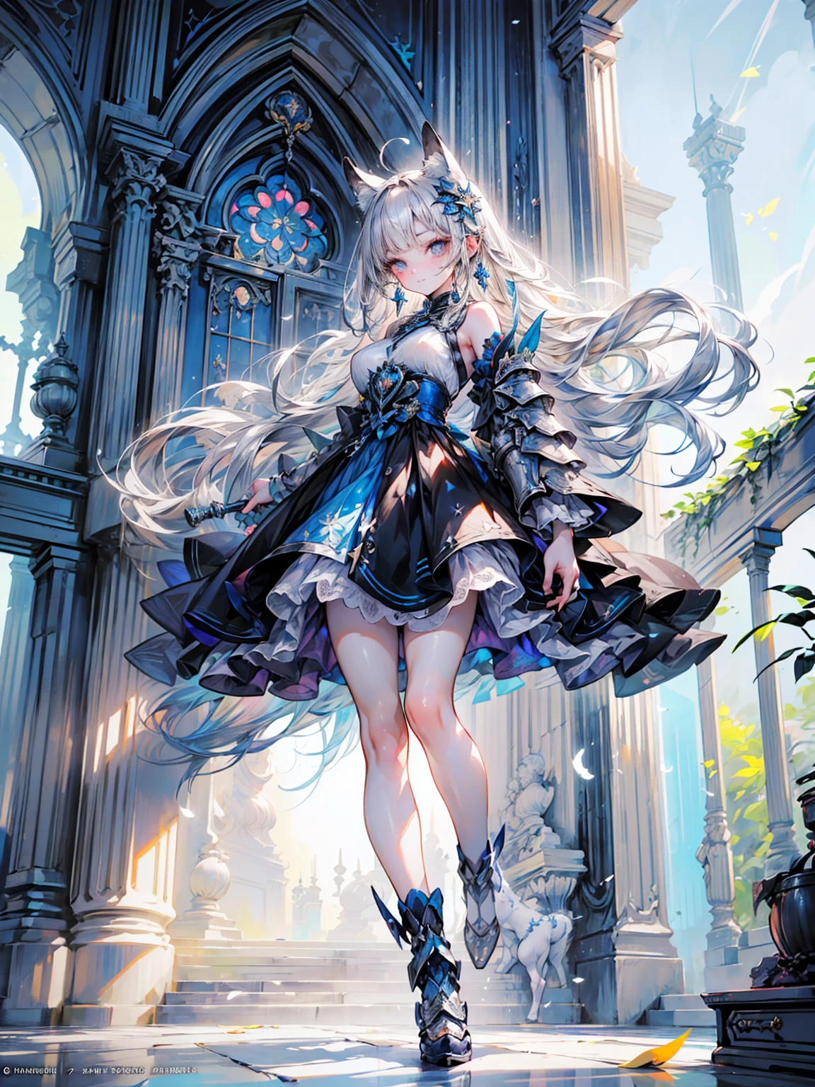 (Official Art、Highest quality、unity 8k wallpaper、32k、masterpiece、Very detailed、Ultra-high resolution、Realistic、realism、Very interesting:1.2)、(Cinema Lighting:1.2)、Fire effect、Film Grain、Best shade、Edge lighting、Side light、(Very detailed且复杂的 3D 渲染)、细致Beautiful Face庞和眼睛、Sharp pupils、Realistic学生、thin、１men and women、Medium Bust、(whole body:1.2)、 Beautiful Face、Beautiful 16 year old girl、(Extremely thin muscles、Detailed skin texture:1.3)、(Silver Blonde、Blue-silver hair:1.3)、Paladin、Long Hair、Blunt bangs、Green Eyes、3 braids 1 bundle、(Blue Armor、Blue Boots、Blue Helmet、Jeweled、Gold embroidery)、thin、Long skirt、(Thighs Thighs Thighs Thighs:0.8)、(Chis、Inside the house、Stained Glass Art、Large Pipe Organ、Hello、mystery、a lot of feathers floating、Angelic、Particles of light、strict、sun、colorful、wonderful:1.2)、(wonderful:1.3)、(With the holy sword in hand:1.4)、wonderful、Laugh and laugh、break、Big Breasts（Dark Elf), (1 Girl), alone, Perfect Face, Get used to it, Ahoge, ((Long Hair:1.2)),[[Messy Hair]], Shiny blonde white hair, Purple eyes, Variegated eyes, colorfulな髪, Shining Eyes, (eyelash, eye shadow, pink eye shadow), bright, smile, Design Art：haruhiko mikimoto, by Kawashi, By Yoshitaka Amano