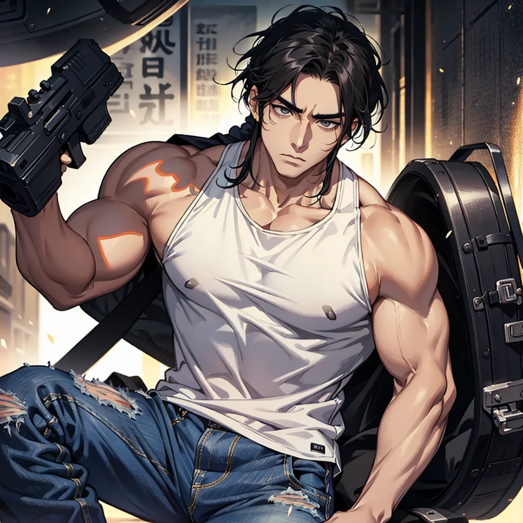 man. A bit thin, but has muscles. Beautiful serious face, eyes are narrow. Black short hair with bangs, on the left side. Dressed in a tight black sleeveless T-shirt with a long neck and jeans.