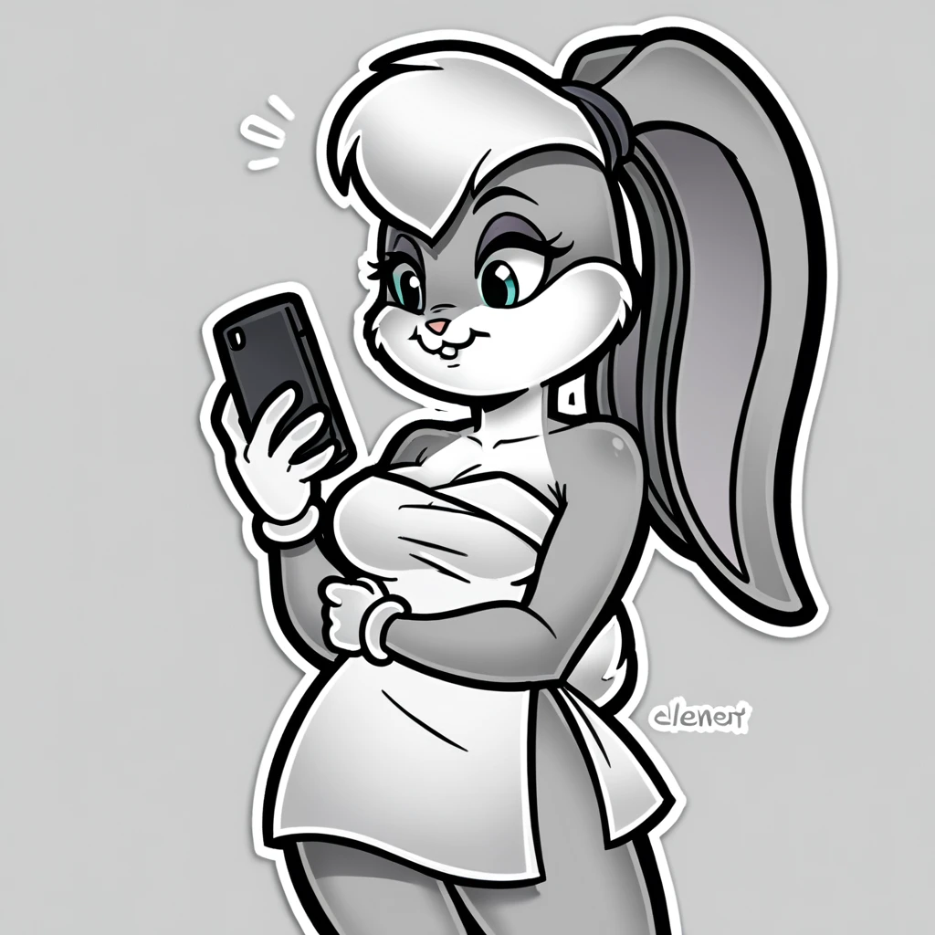 score_9, score_8_up, lola bunny, wrapped in towel, medium breasts, holding phone