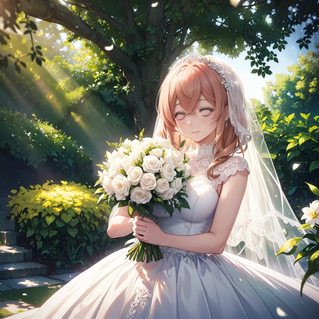 A beautiful bride in a lush garden, white wedding dress, holding bouquet, surrounded by flowers, sunlight, serene expression, elegant pose, soft lighting, photorealistic, intricate detail, cinematic composition, warm color palette