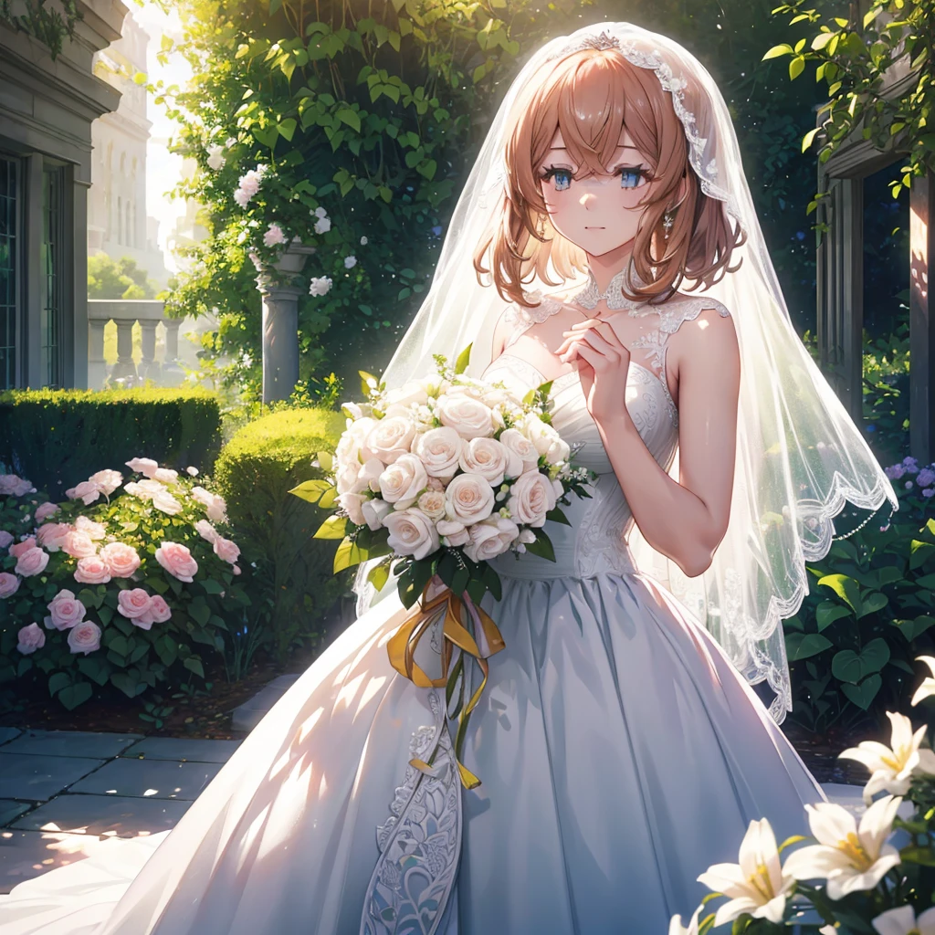 A beautiful bride in a lush garden, white wedding dress, holding bouquet, surrounded by flowers, sunlight, serene expression, elegant pose, soft lighting, photorealistic, intricate detail, cinematic composition, warm color palette