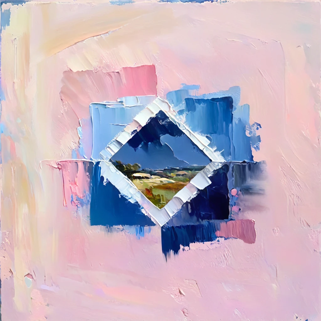 a thick textured oil painting, impasto brushstrokes, dry brushing,revealing underlayers, abstract landscape, moody lighting, dramatic shadows, muted earthy colors, vibrant colors, highly detailed, masterpiece, using a palette of light pink, muted blue, dark grayish blue, bright blue, very dark gray, and light grayish blue shade of emotion